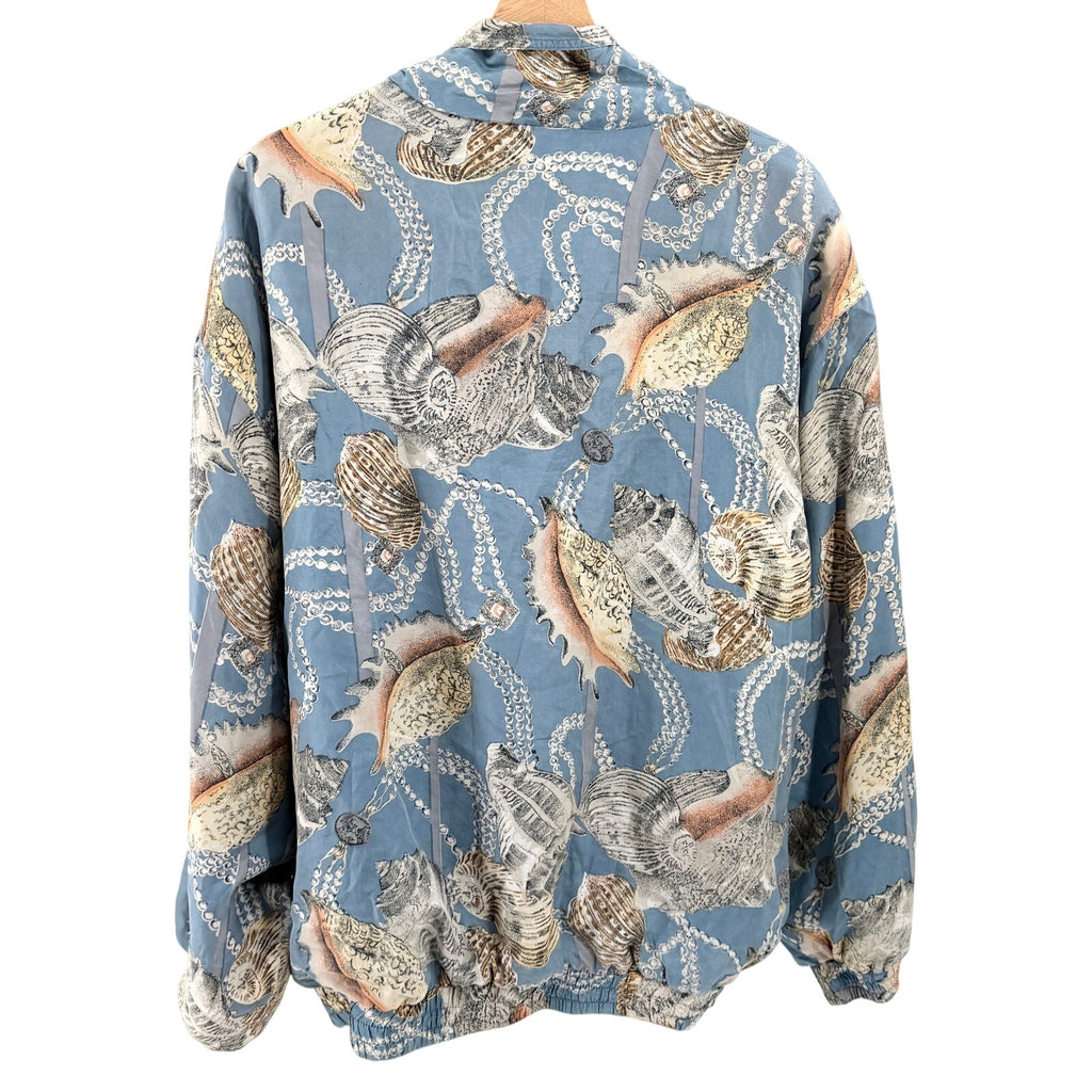 Vintage 90s Coaco Blue Silk Seashell Pearl Print Bomber Jacket