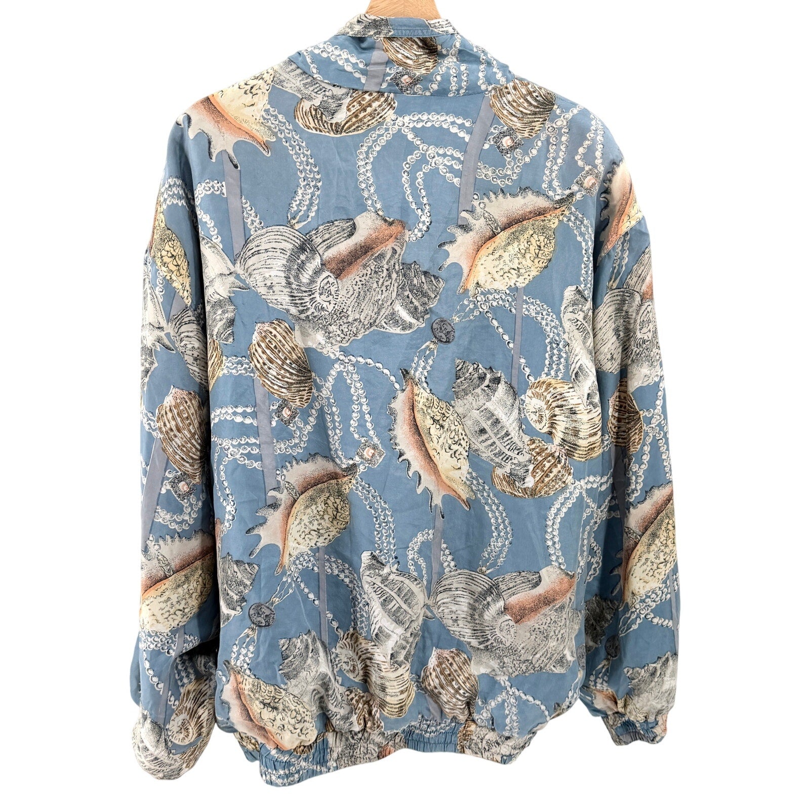 Vintage 90s Coaco Blue Silk Seashell Pearl Print Bomber Jacket
