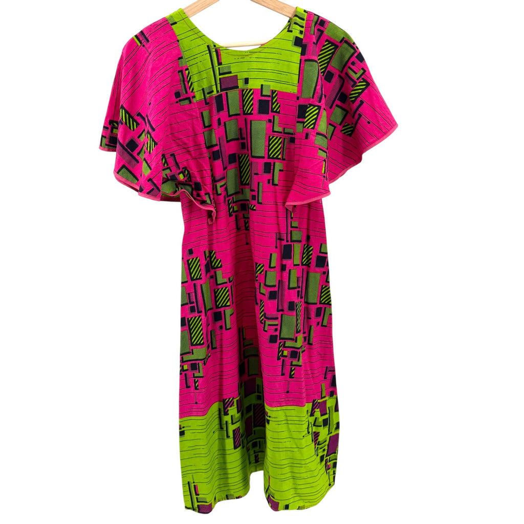 Neon Green Pink Geometric African Print 100% Cotton Batwing Midi Dress