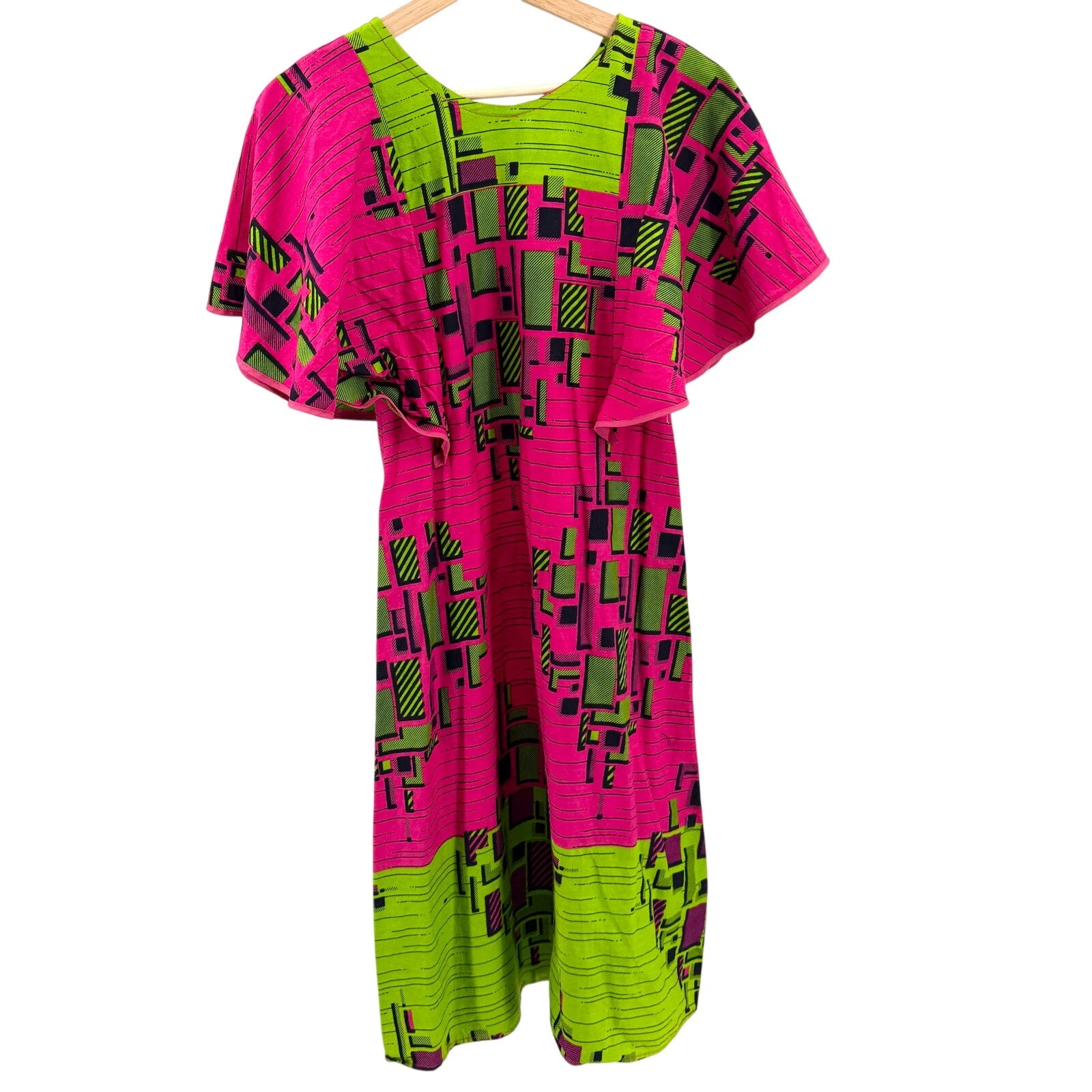 Neon Green Pink Geometric African Print 100% Cotton Batwing Midi Dress