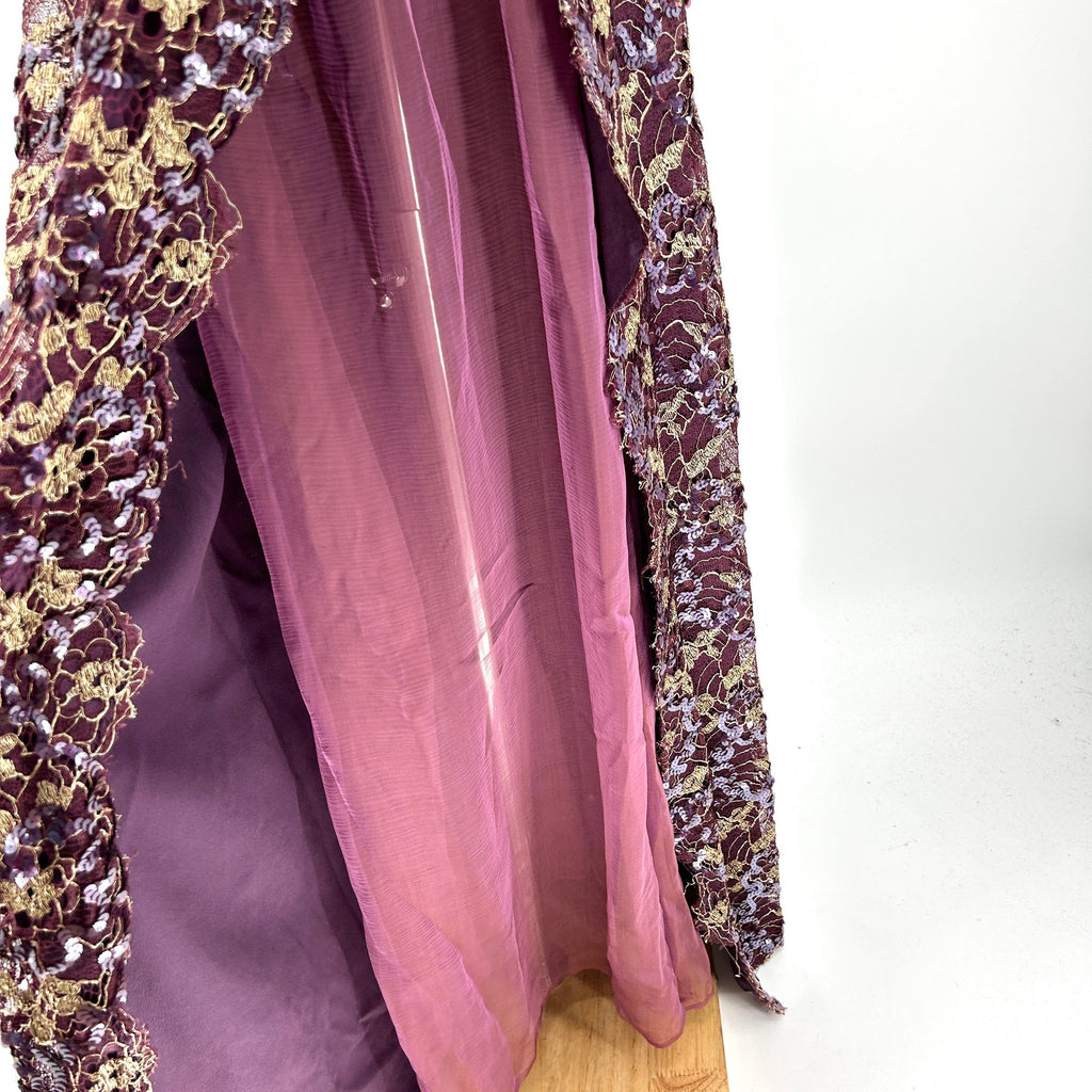 Vintage 90s Tosca New York Purple Gold Lace Silk Sequin Gown