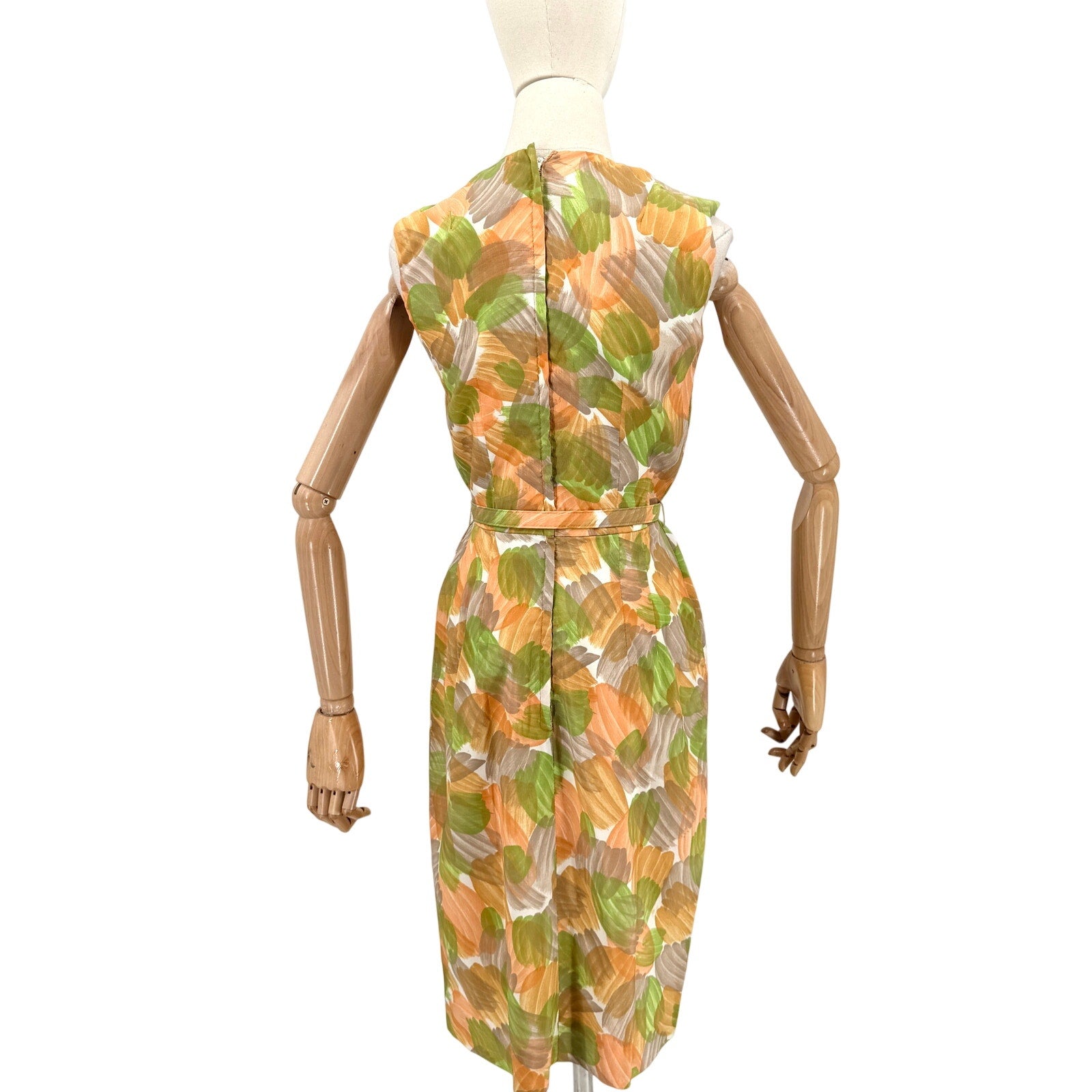 Vintage 60s Green Orange Brush Stroke Shift Garden Party Midi Pencil Dress