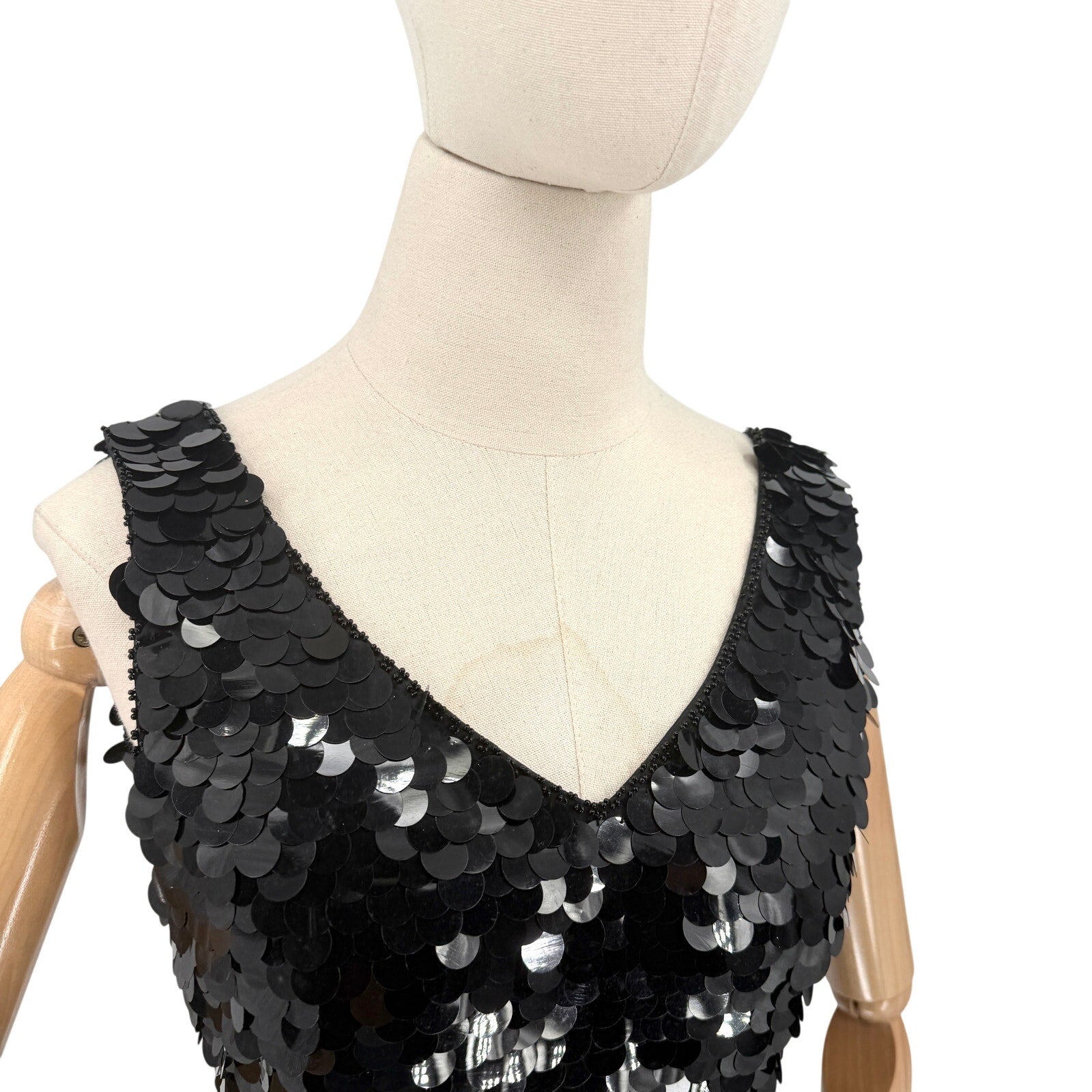 Vintage 90s He-Ro Industries Black Oversized Paillette Sequin Cocktail Dress