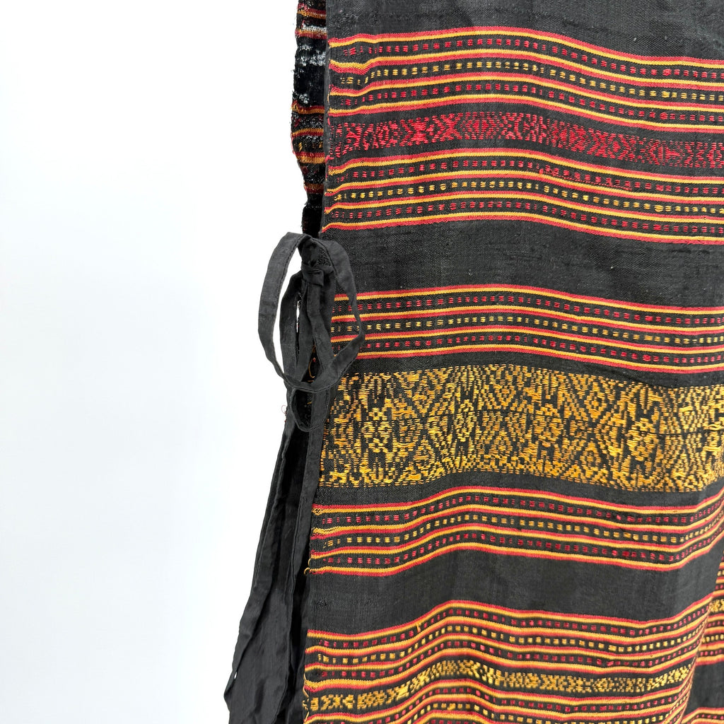 Vintage 90s Black Red Gold 100% Silk Tribal Woven Overlay Side Tie Shift Dress