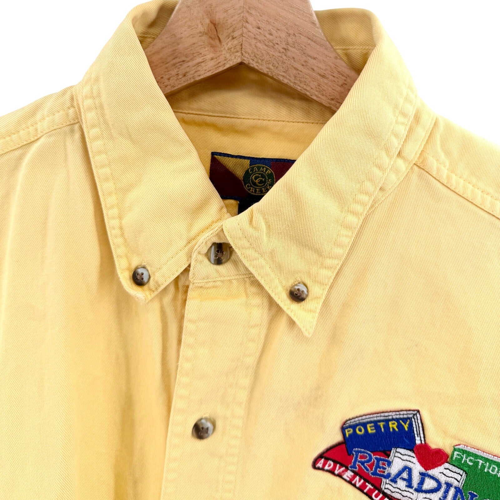 Vintage 90s Camp Creek Yellow 100% Cotton Novelty Reading Patch Shirt