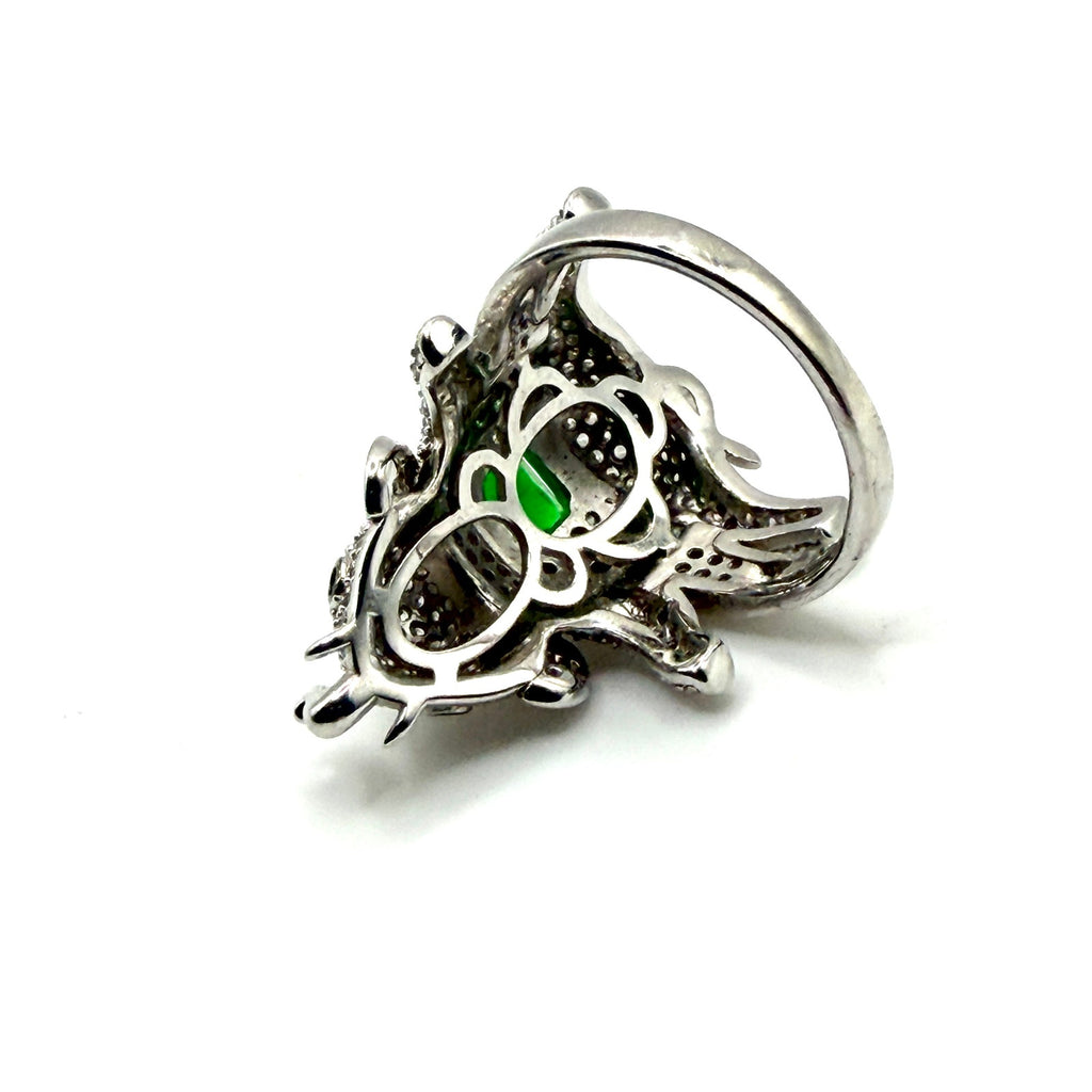 Green Sterling Silver Cubic Zirconia Pave Elephant Statement Ring
