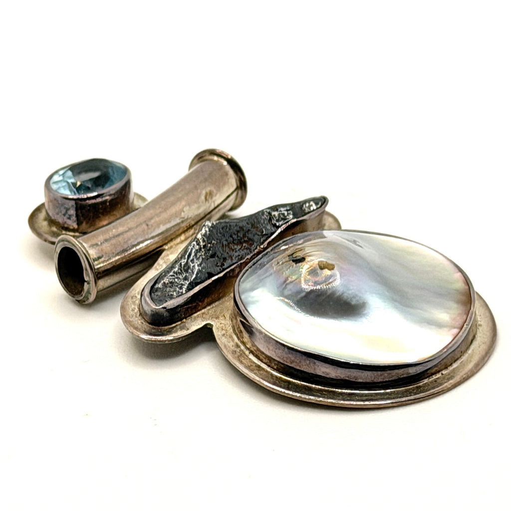 Vintage 90s Starborn Sterling Mother of Pearl Blue Topaz Tektite Slide Pendant