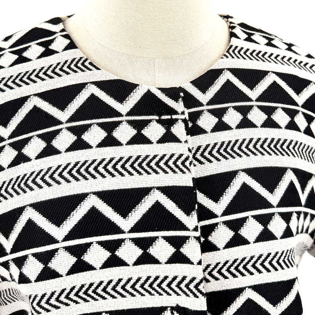 Hope Black White Aztec Tribal Geometric Snap Front Collarless Jacket