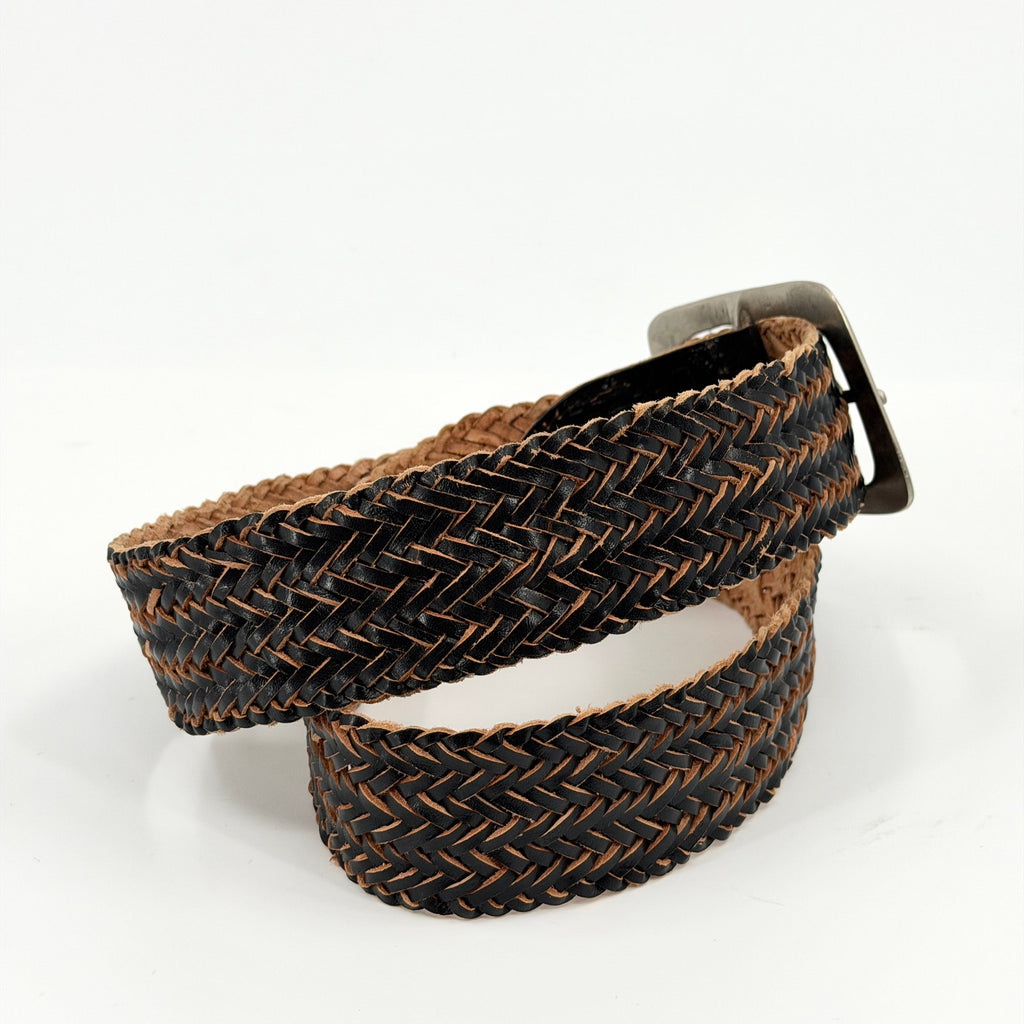 Vintage 90s Black Tan Genuine Leather Boho Western Woven Braided Belt