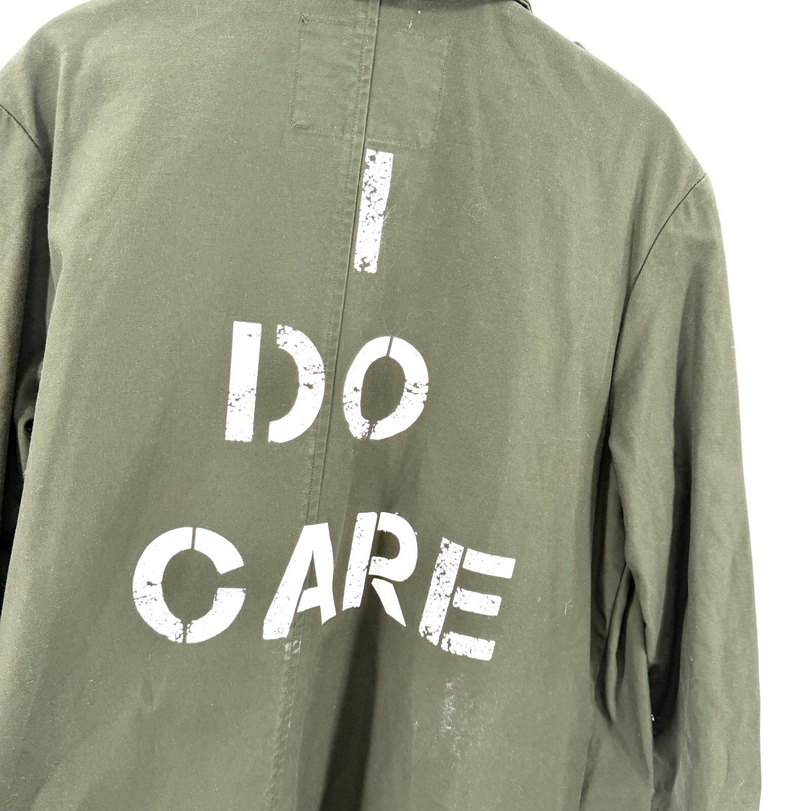 Custom Army Green I Do Care Stencil Slogan Utility Jacket