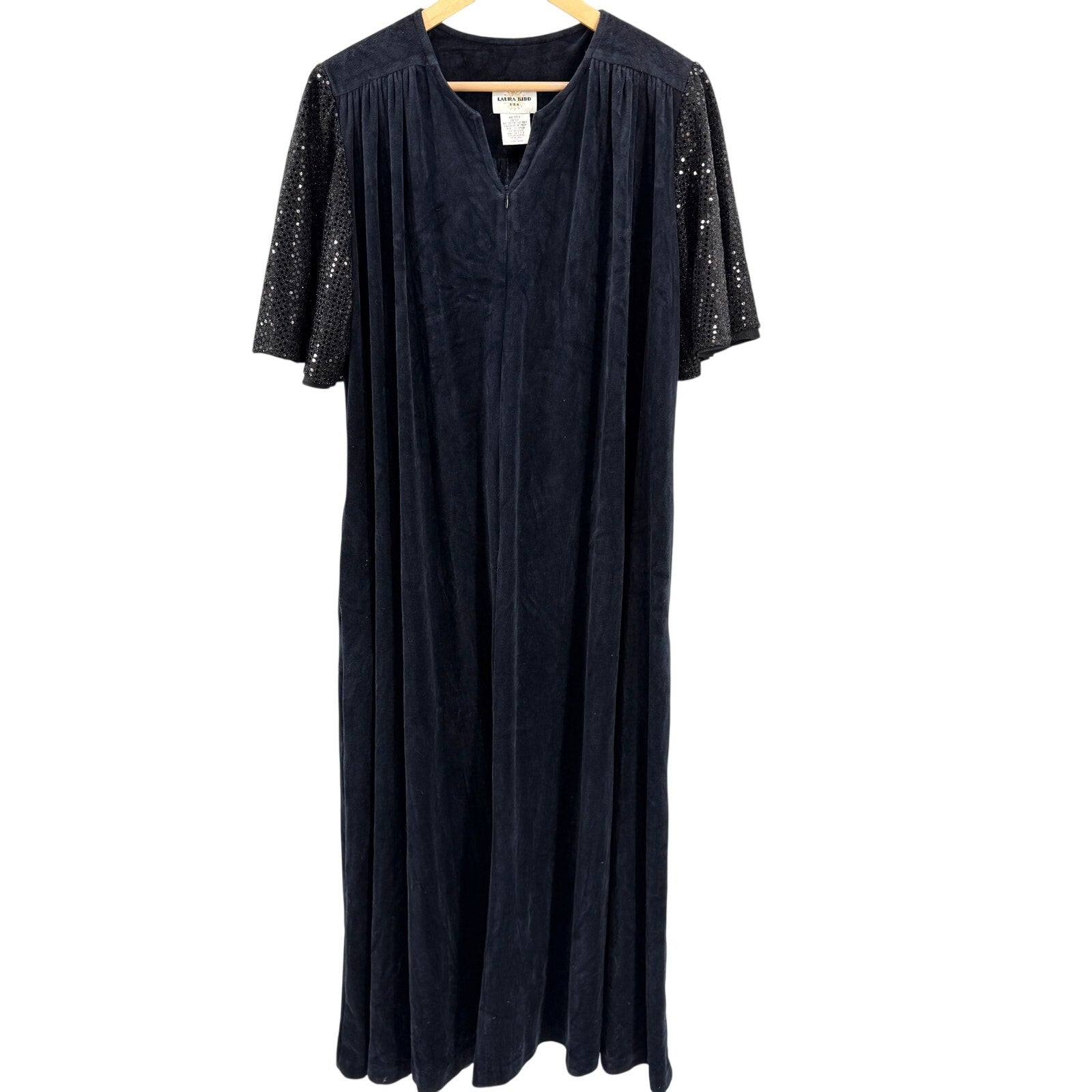 intage 80s Laura Kidd Black Sequin Flutter Sleeve Shoulder Pads Duster Robe