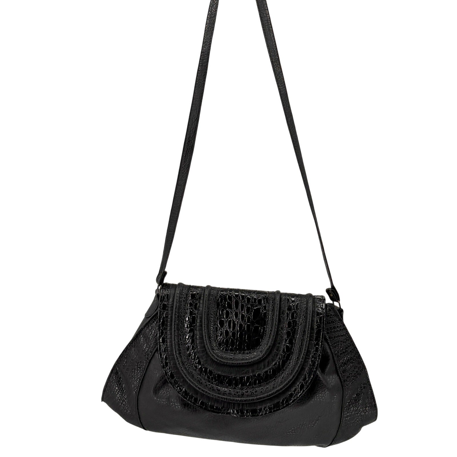 Vintage 80s Black Genuine Leather Patent Mock Croc Shoulder Bag