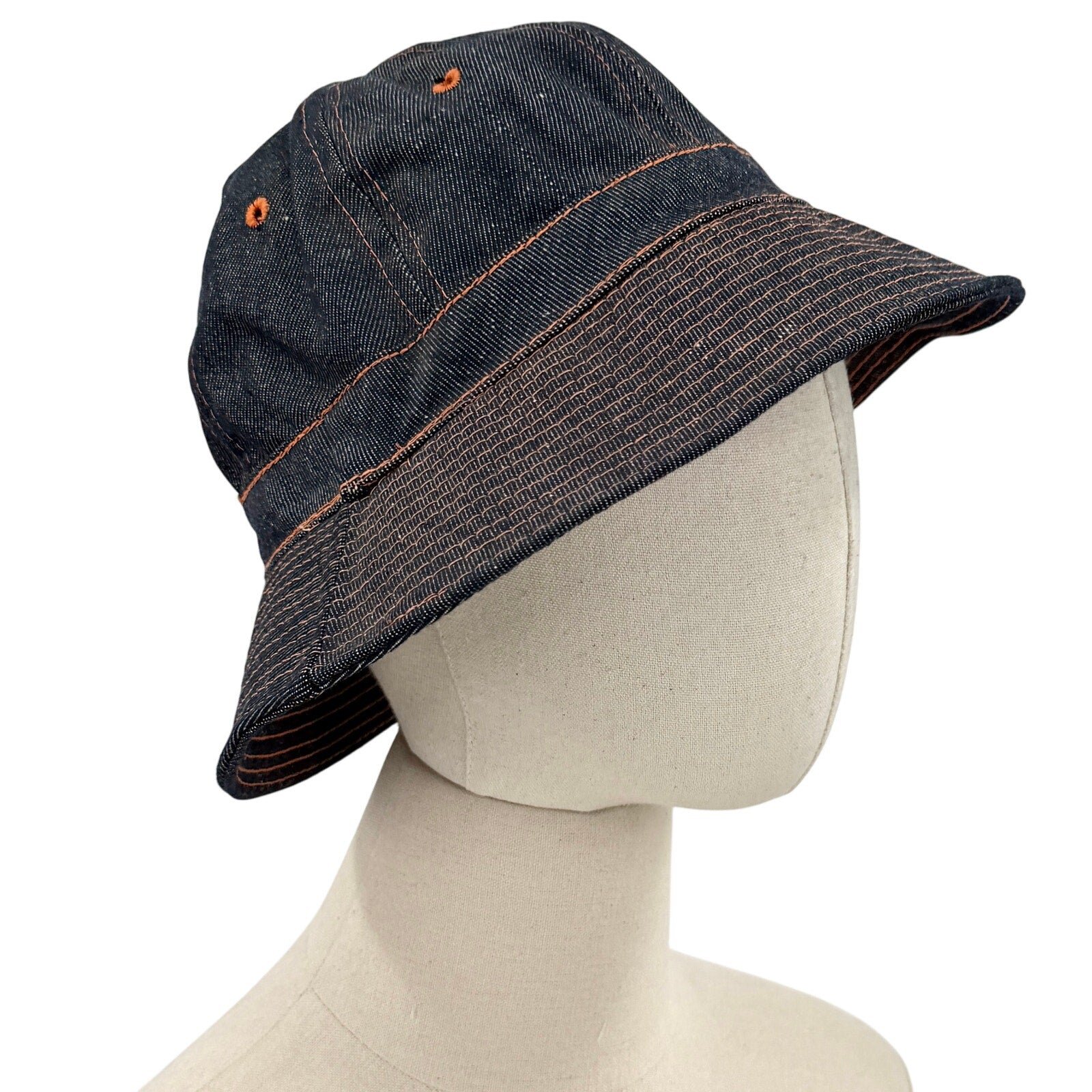 Vintage 80s Markwort Dark Blue Denim Orange Stitch Bucket Hat