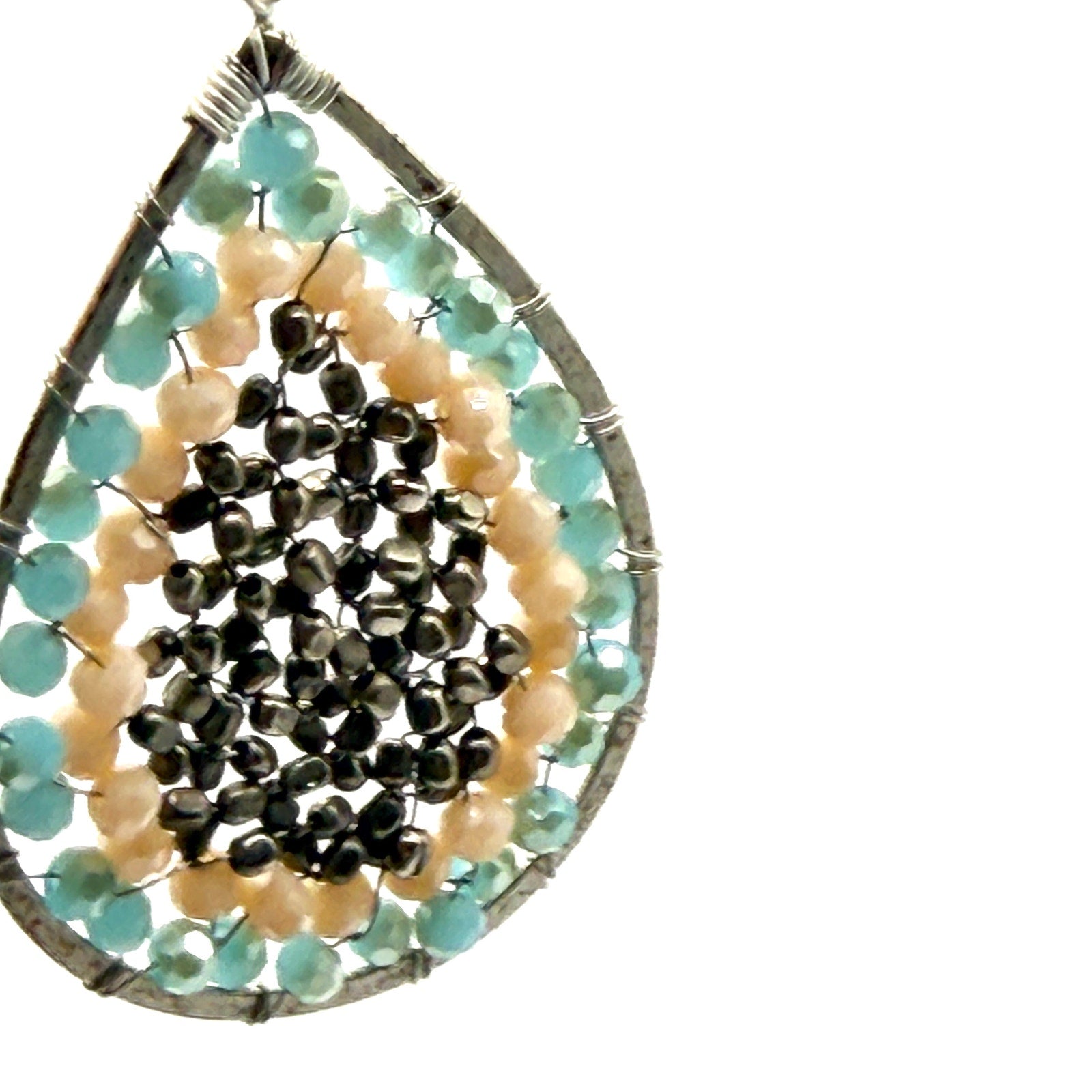 Vintage Y2K Sterling Silver Hematite Blue Beige Teardrop Dangle Earrings