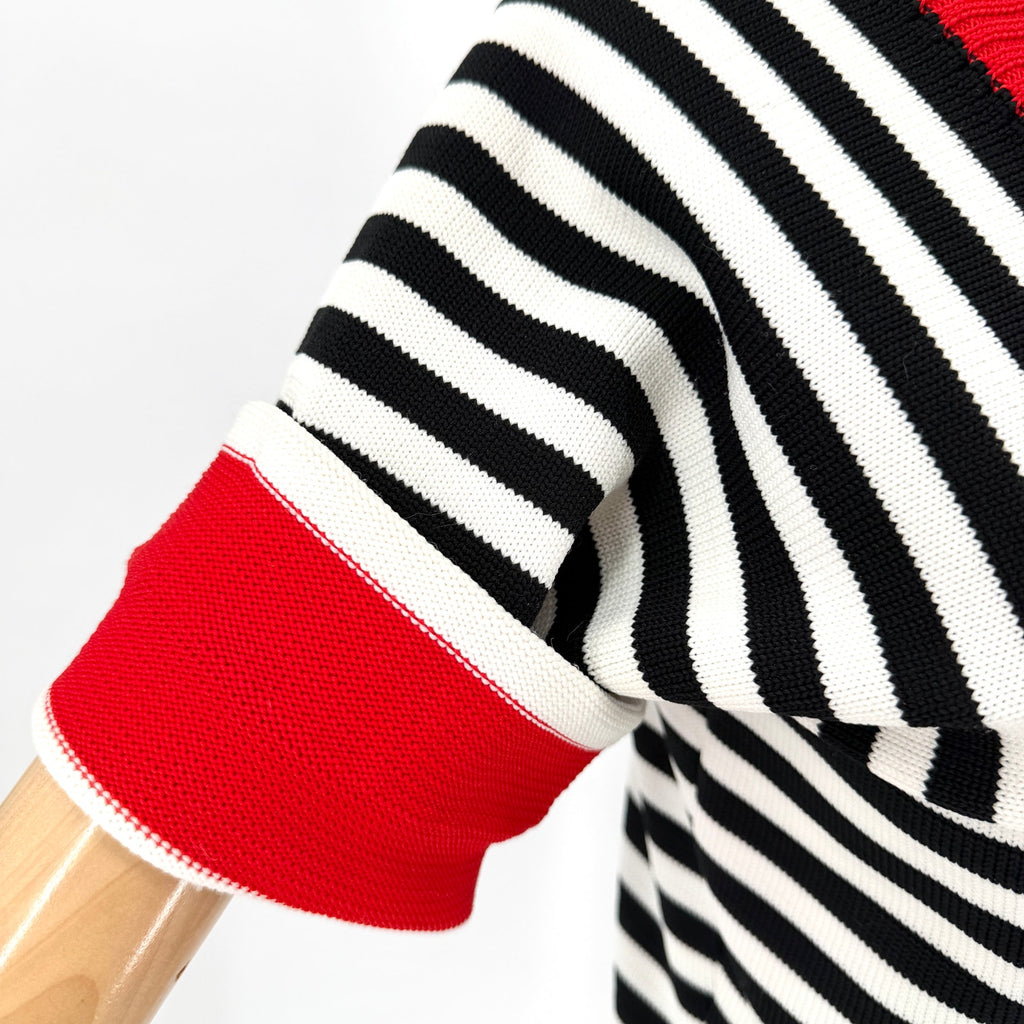 Vintage 70s Booth Bay Black White Red Stripe Nautical Knit V-Neck Sweater Top