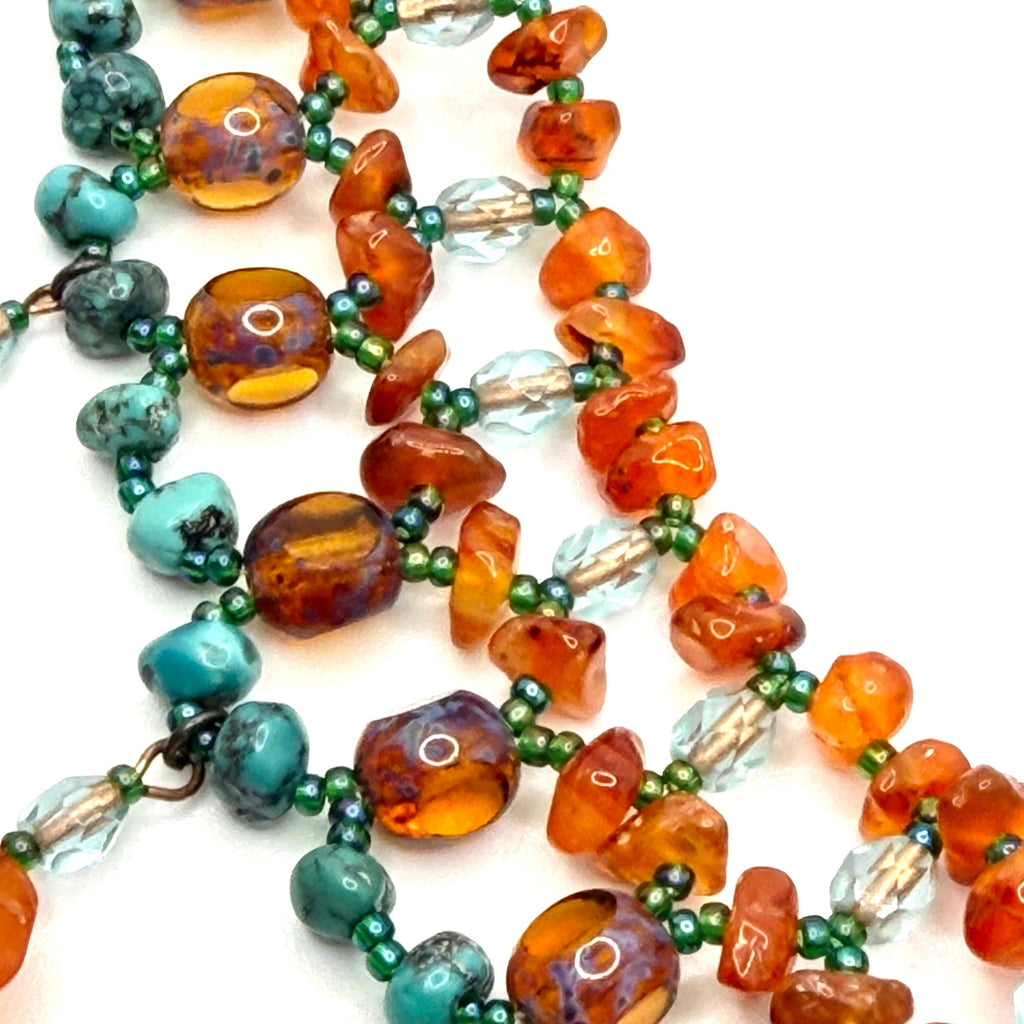 Vintage 90s Turquoise Carnelian Amber Boho Choker Fringe Statement Necklace
