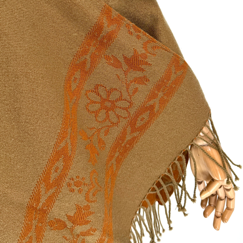 Vintage Y2K Earthy Copper Floral Fringe Wool Blend Open Front Poncho Wrap Ruana