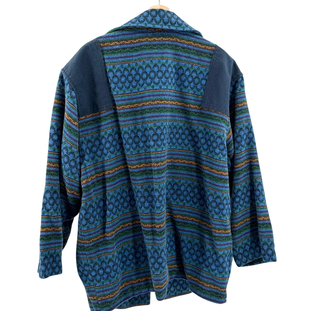 Vintage 90s T&C Surf Designs Blue Wool Cotton Tribal Open Front Jacket