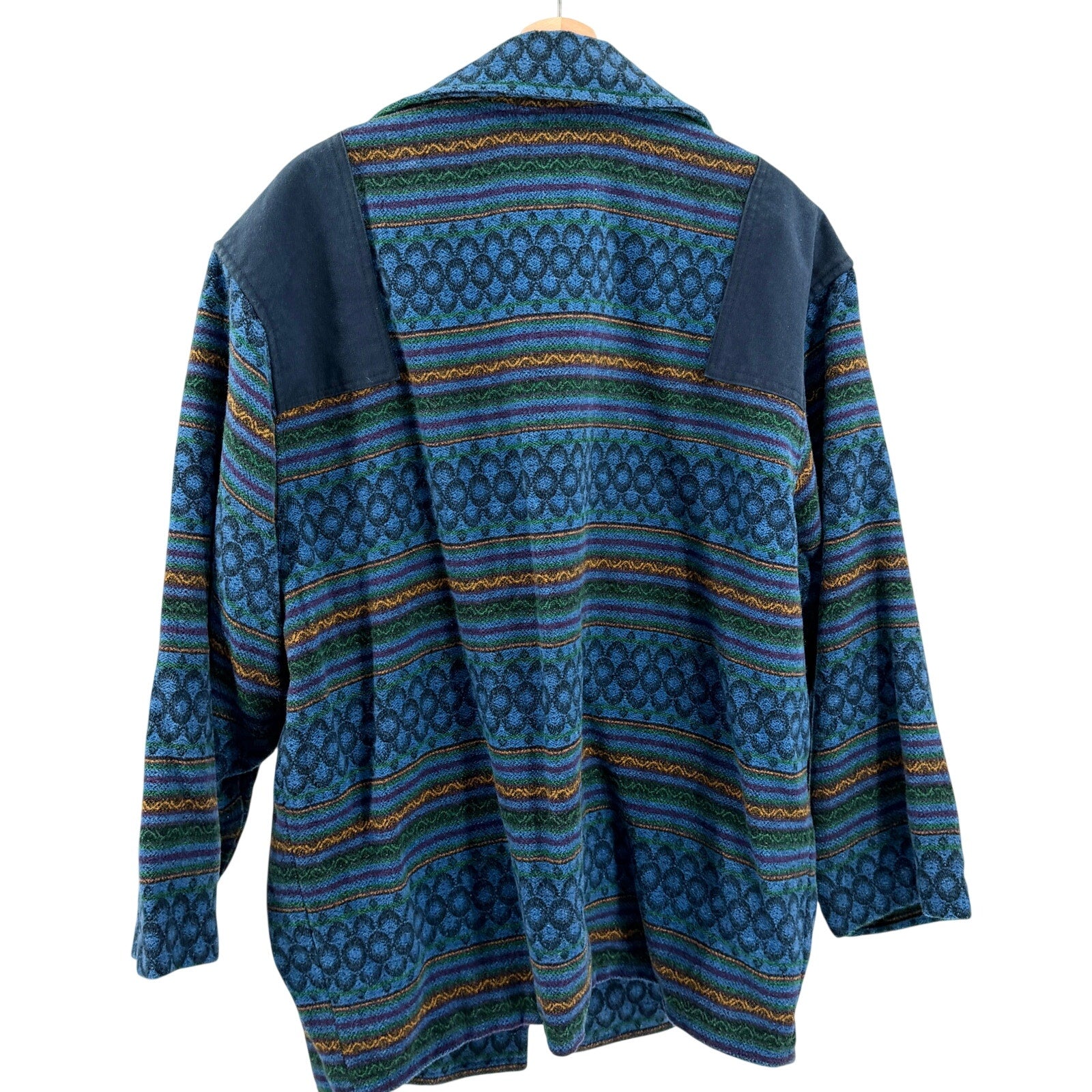Vintage 90s T&C Surf Designs Blue Wool Cotton Tribal Open Front Jacket