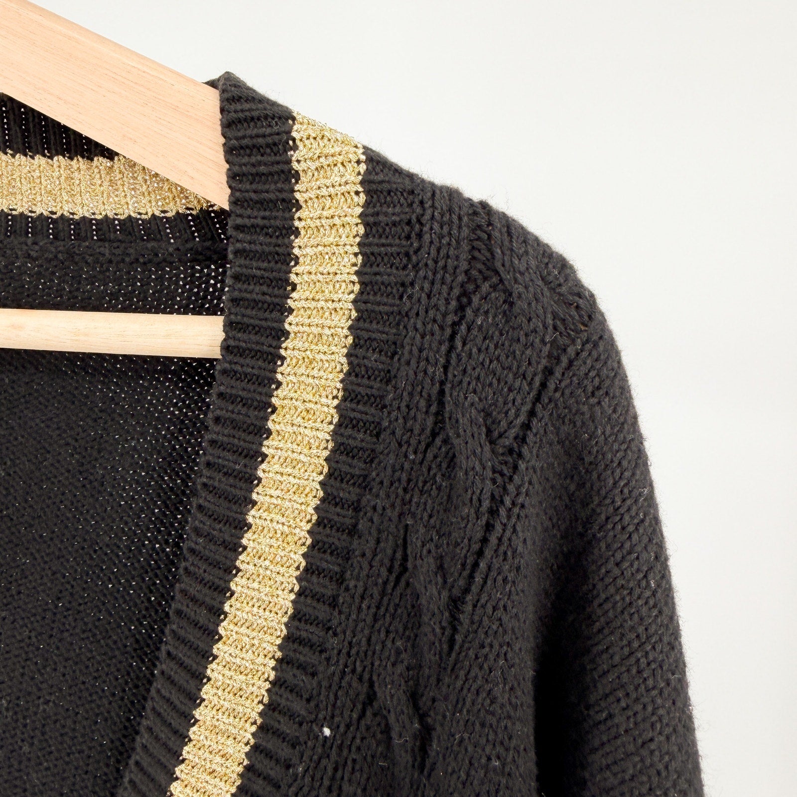 Vintage 80s Kinei Black Knit Travel Patch Gold Trim Varsity Cardigan Sweater