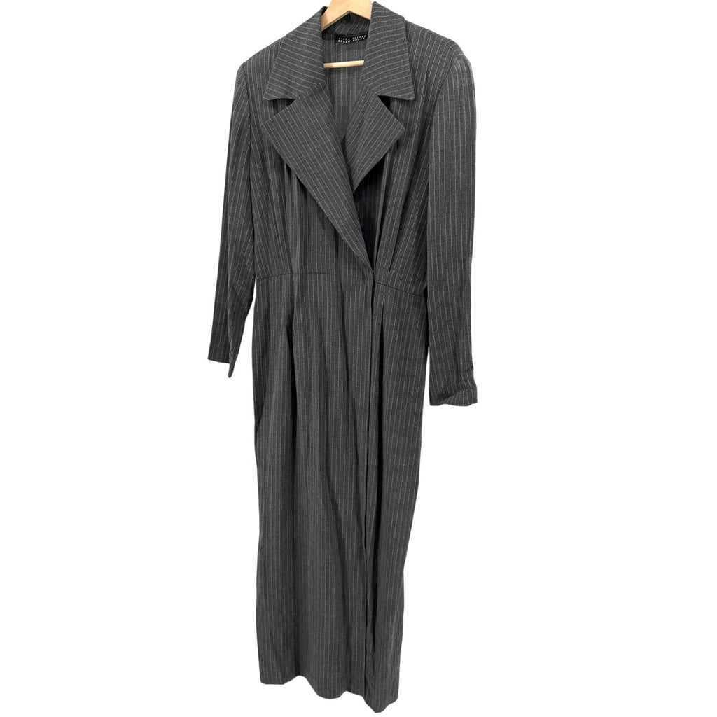 Vintage 90s Linda Allard Ellen Tracy Gray Pinstripe Wrap Maxi Dress Coat
