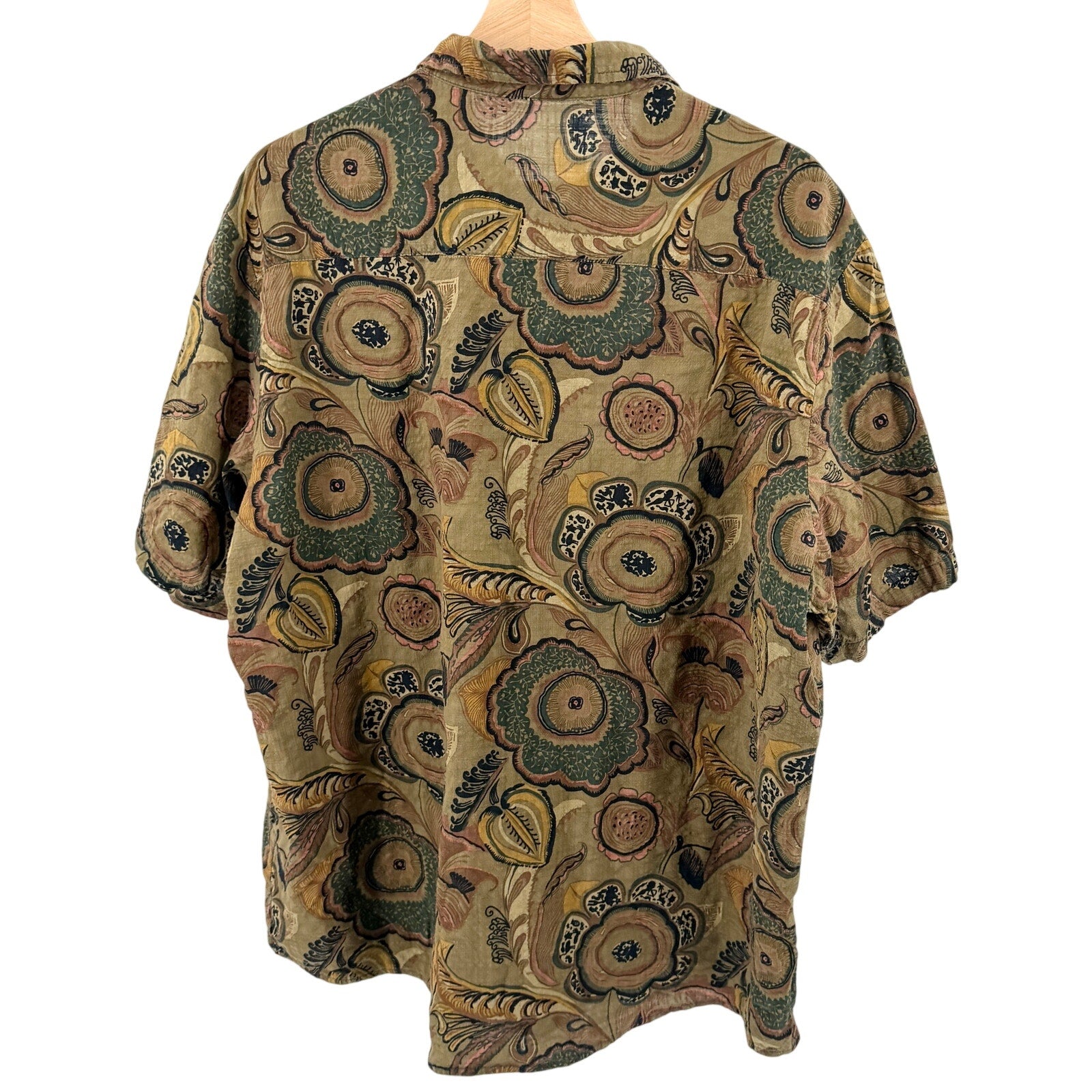 VatPave Olive Green Floral Paisley Cotton Blend Short Sleeve Button Up Shirt