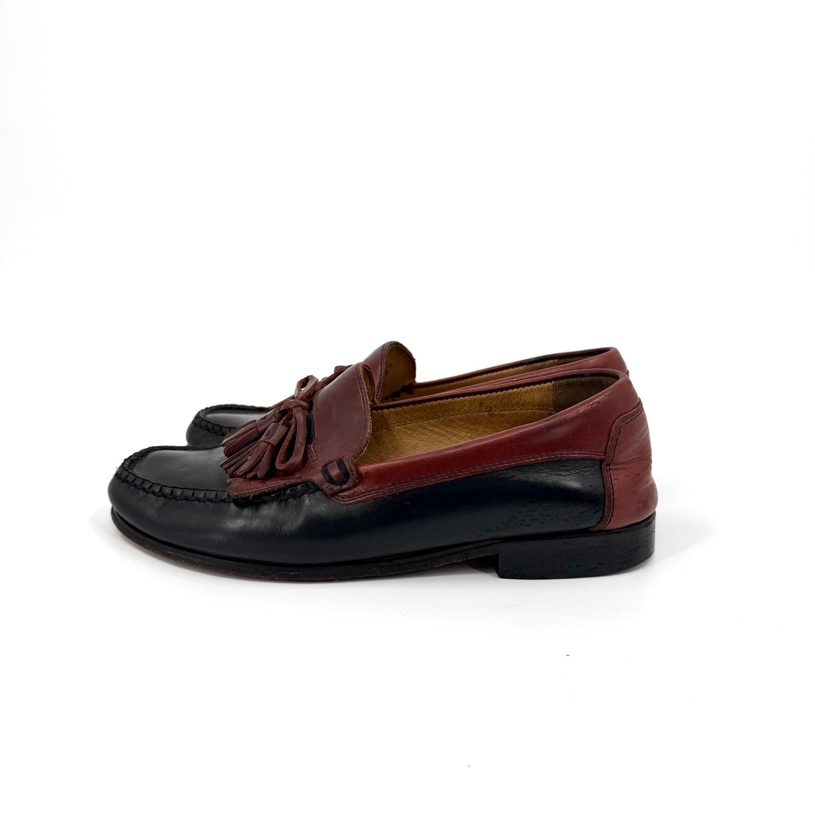 Vintage 90s Florsheim Black Brown Genuine Leather Tassel Kiltie Loafers