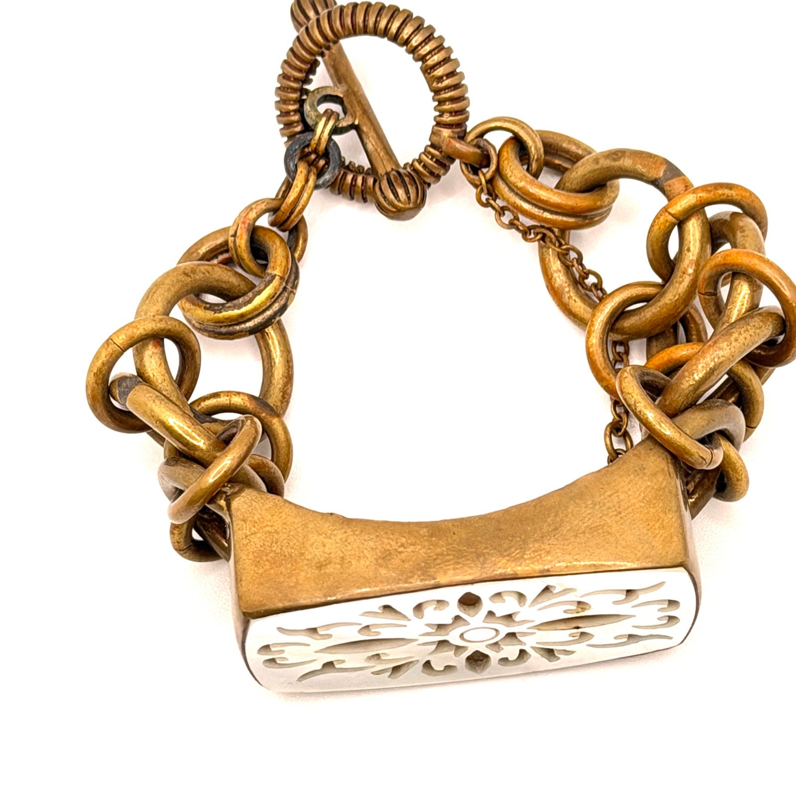 Vintage 90s Signed Stephen Dweck Gold Mother of Pearl Link Toggle Bracelet