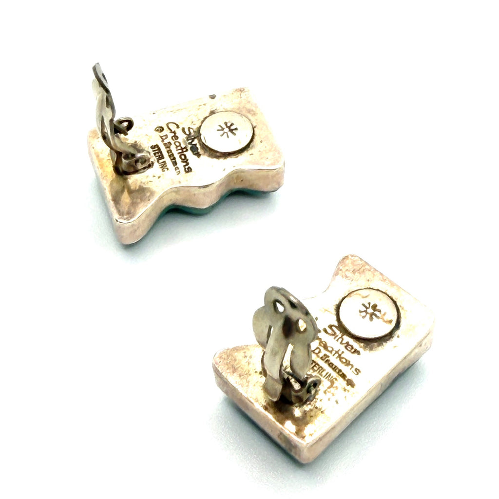 Vintage 90s Stamped Silver Creations Troutman Sterling Turquoise Clip Earrings