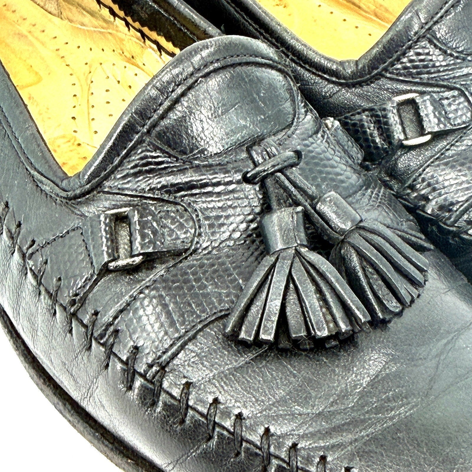 Vintage 90s Santoni Black Genuine Leather Snake Embossed Tassel Loafers