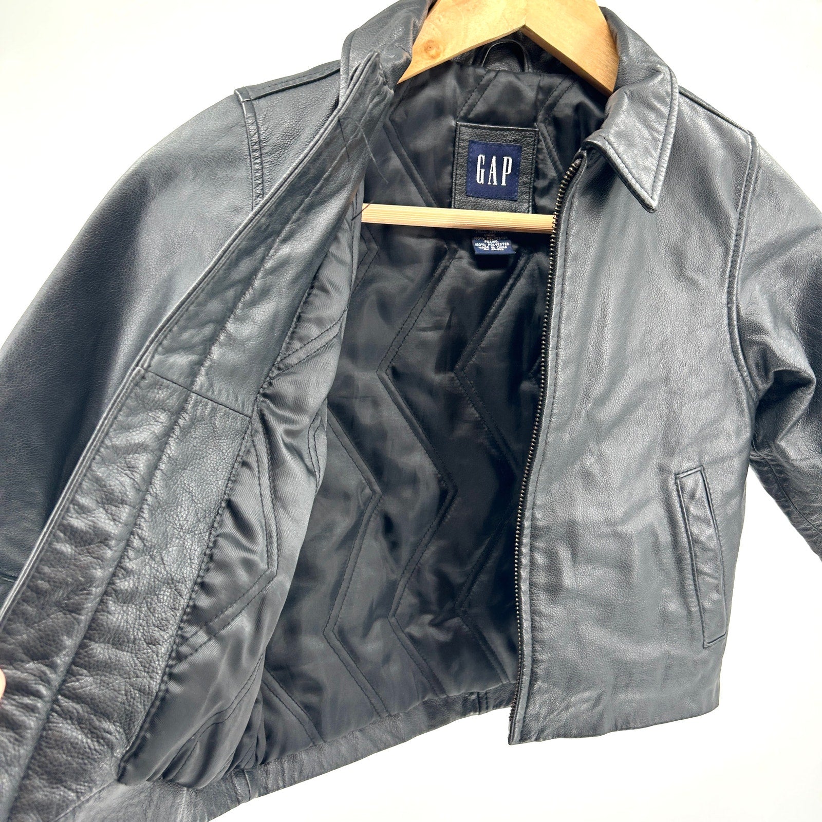 Vintage Y2K GAP Black Genuine Leather Minimalist Kids Moto Jacket