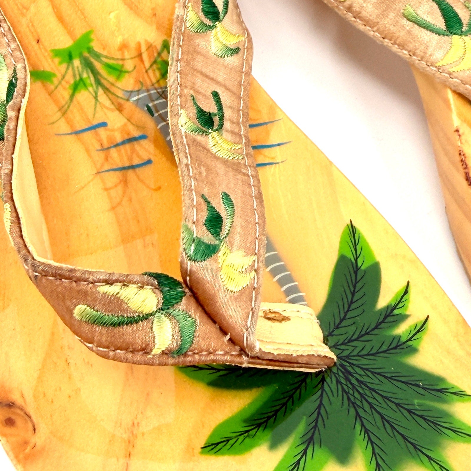 Vintage 90s Woodies Tan Wood Tropical Embroidered Satin Studded Clog Sandals