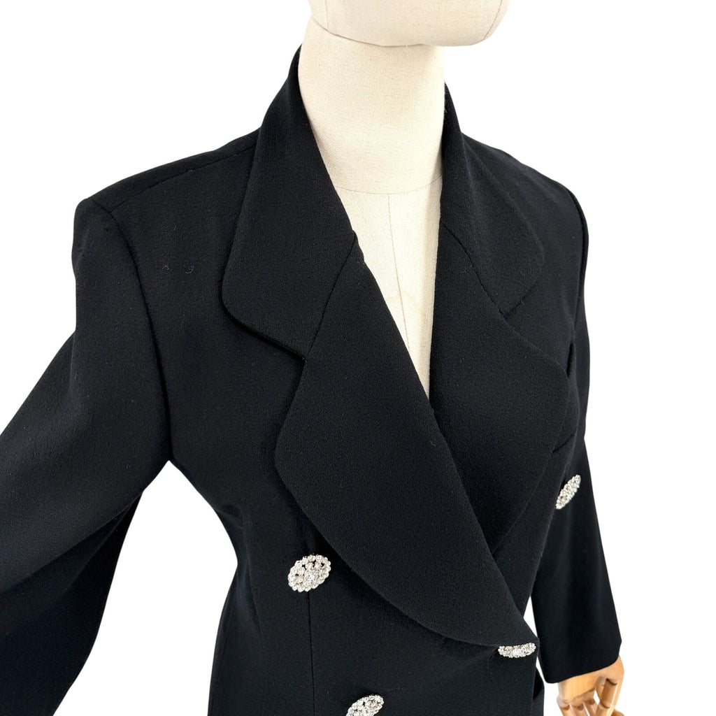 Vintage 90s Jaeger Black 100% Wool Rhinestone Button Wrap Coat Dress