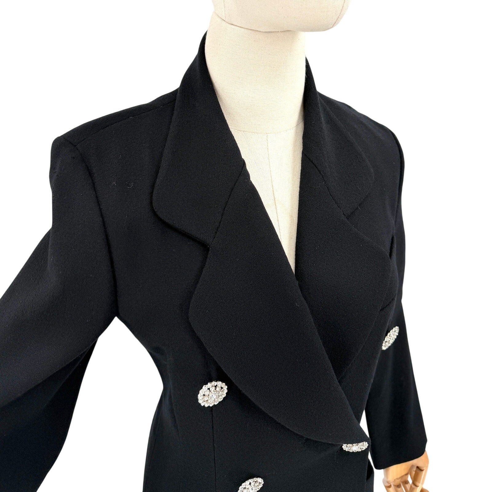 Vintage 90s Jaeger Black 100% Wool Rhinestone Button Wrap Coat Dress