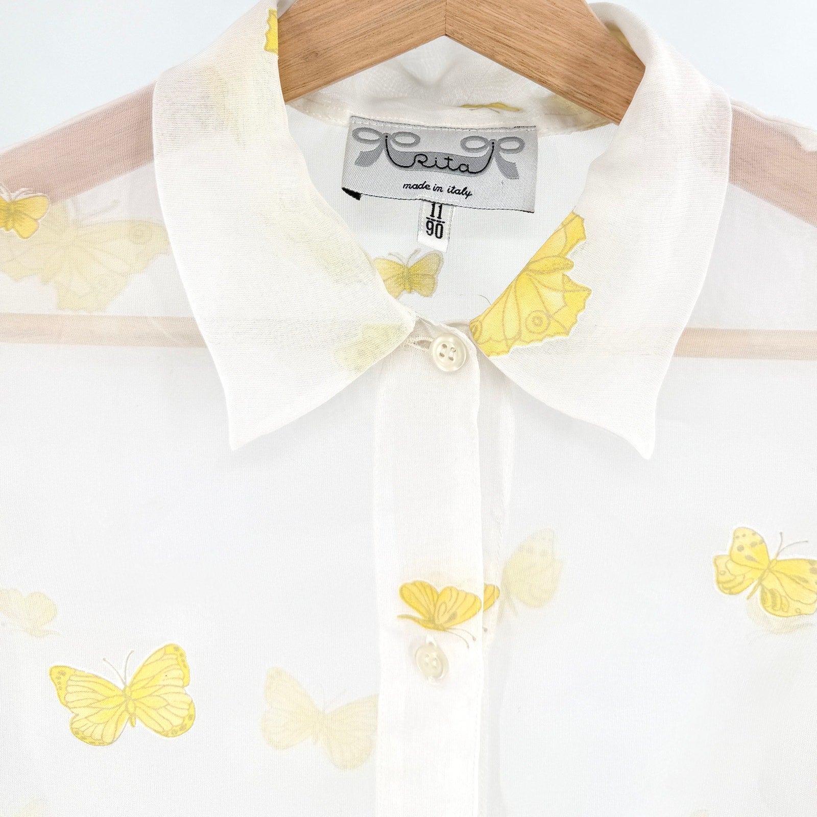 Vintage 90s Rita White Sheer Yellow Butterfly Applique Blouse Top