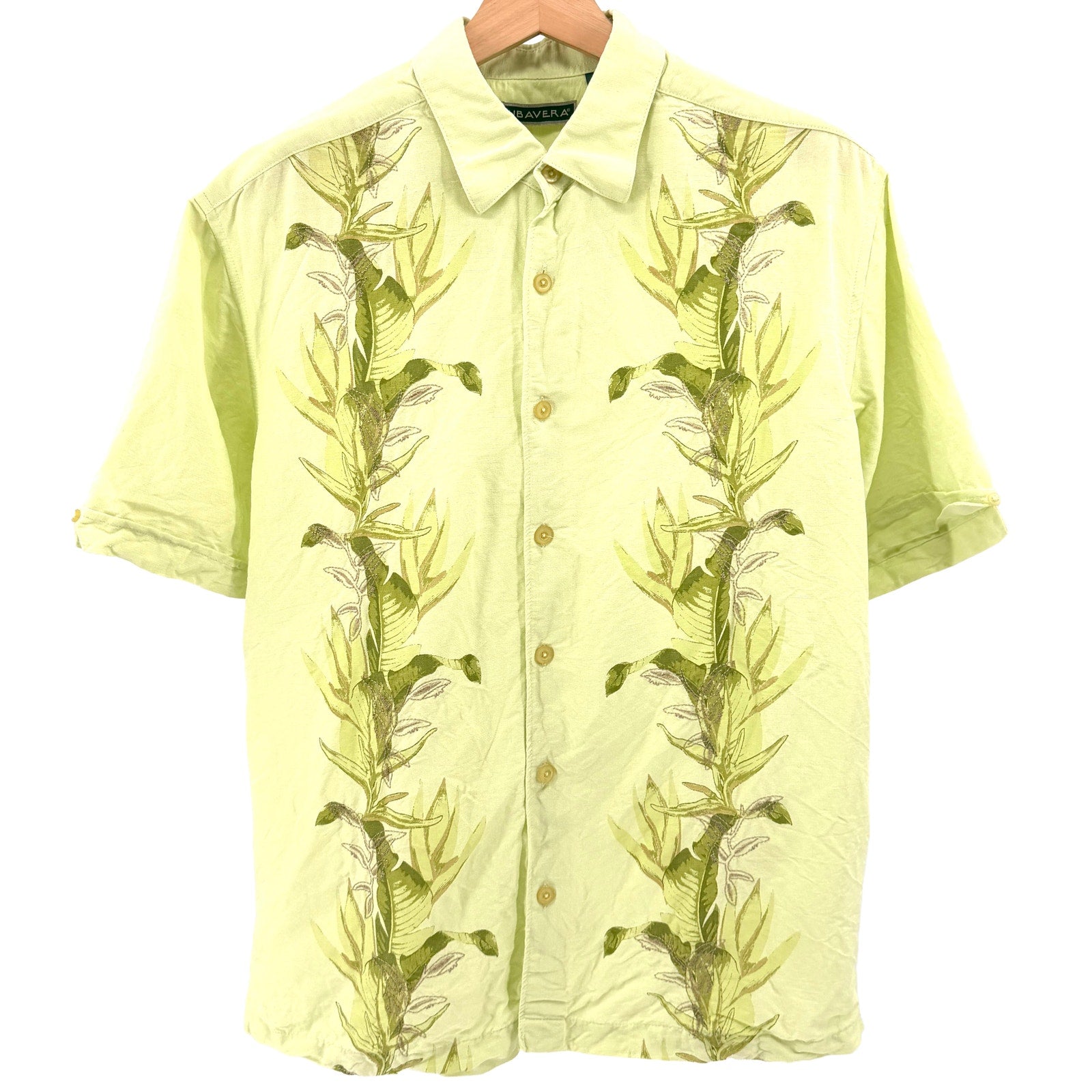 Cubavera Lime Green Tropical Linen Blend Embroidered Short Sleeve Button Down