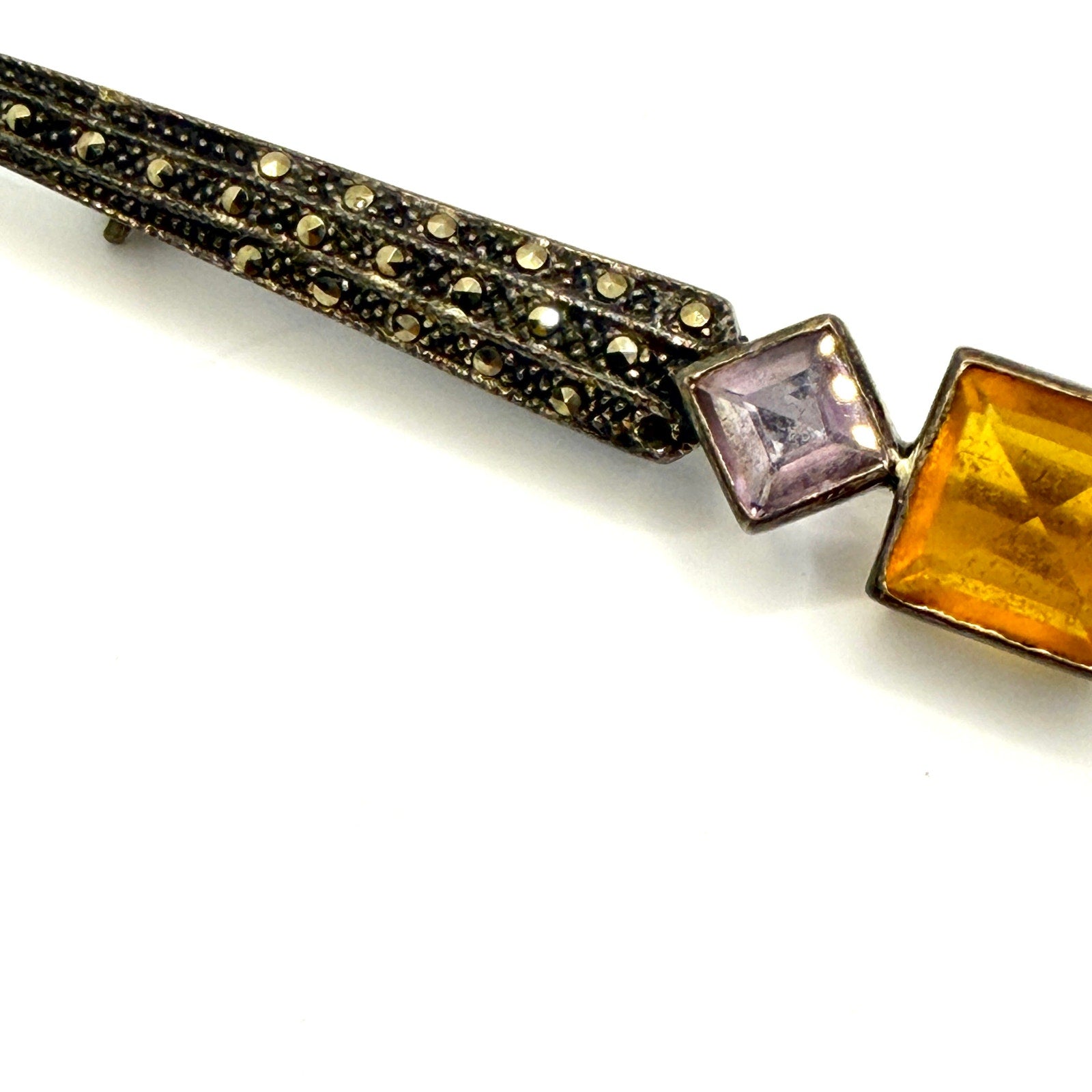 Vintage Art Deco Sterling Marcasite Multi Gemstone Geometric Bar Brooch Pin