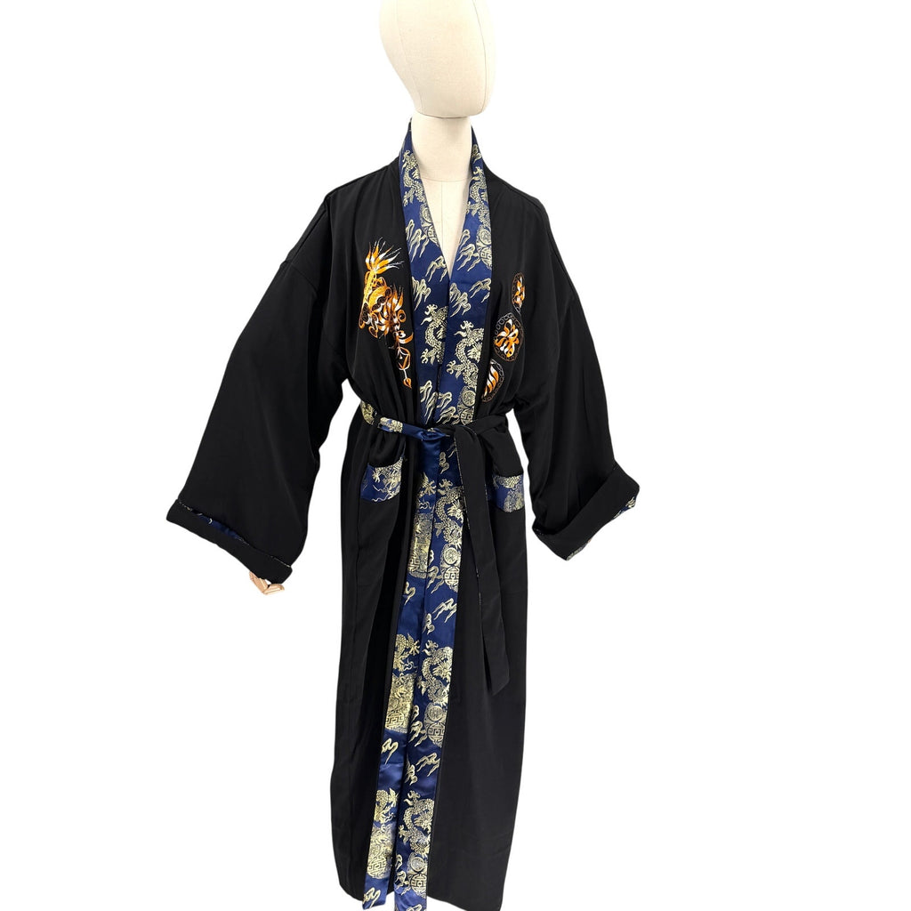 Vintage 90s Blue Gold Reversible Embroidered Black Dragon Kimono Robe