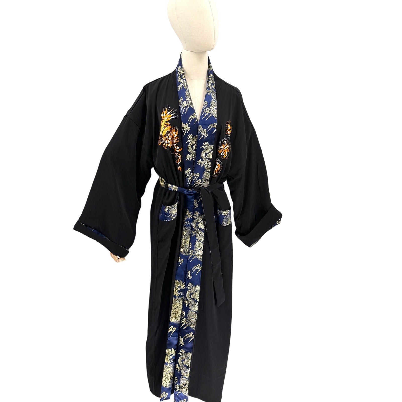 Vintage 90s Blue Gold Reversible Embroidered Black Dragon Kimono Robe