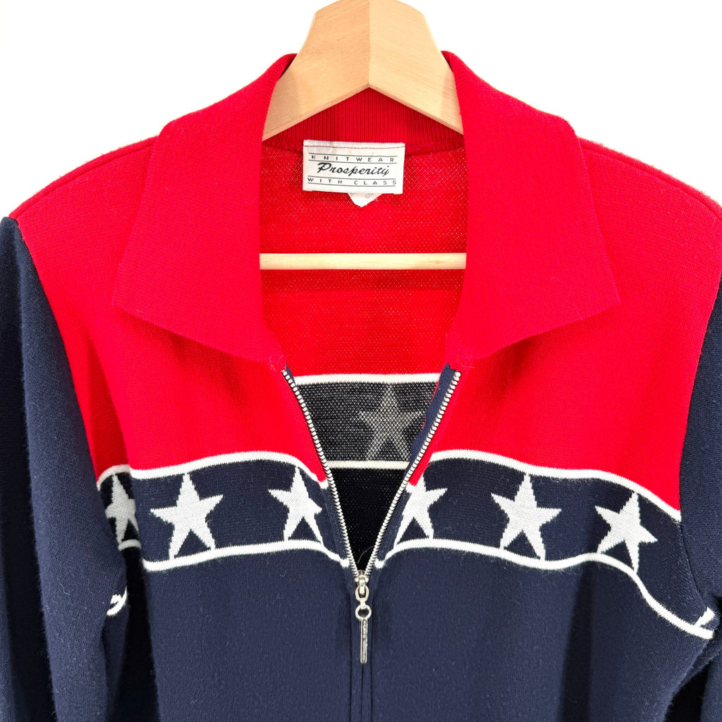 Vintage 90s Prosperity Red Navy White Flag Star Full Zip Cardigan