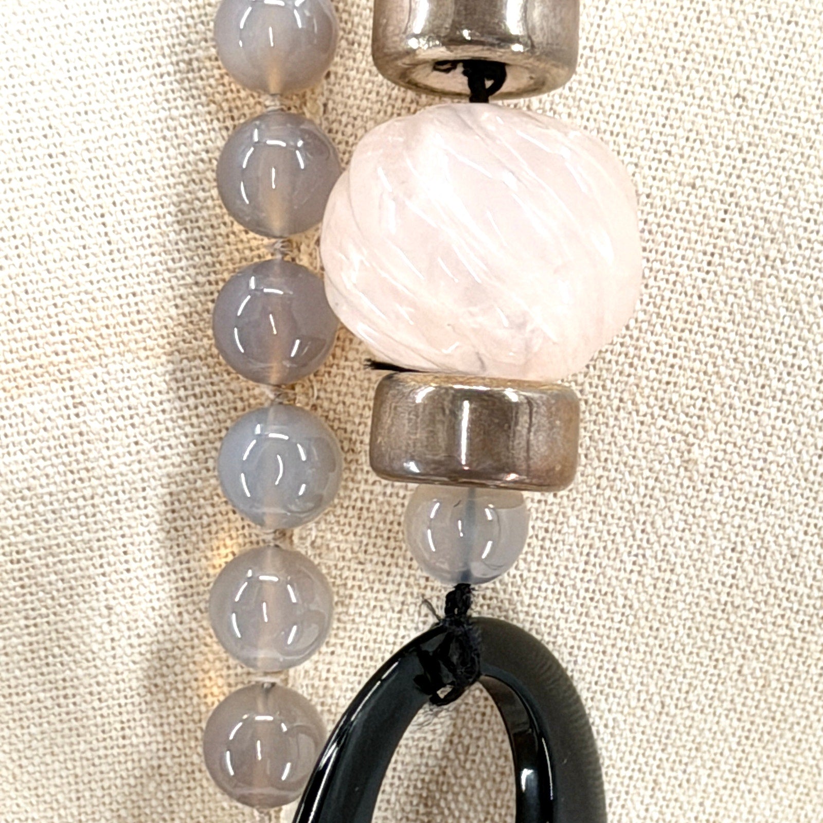 Vintage 90s Rose Quartz Onyx Grey Agate Hand Knotted Lariat Statement Necklace