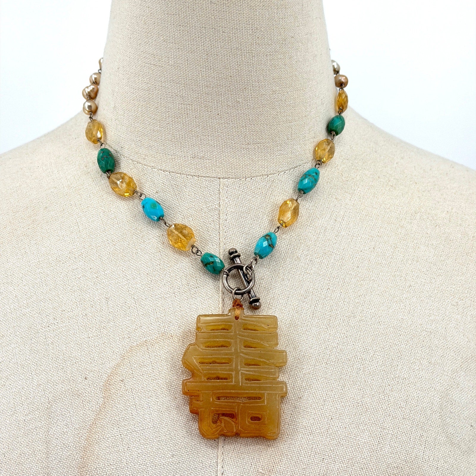 Vintage Y2K Jade Turquoise Freshwater Pearl Asian Character Pendant Necklace