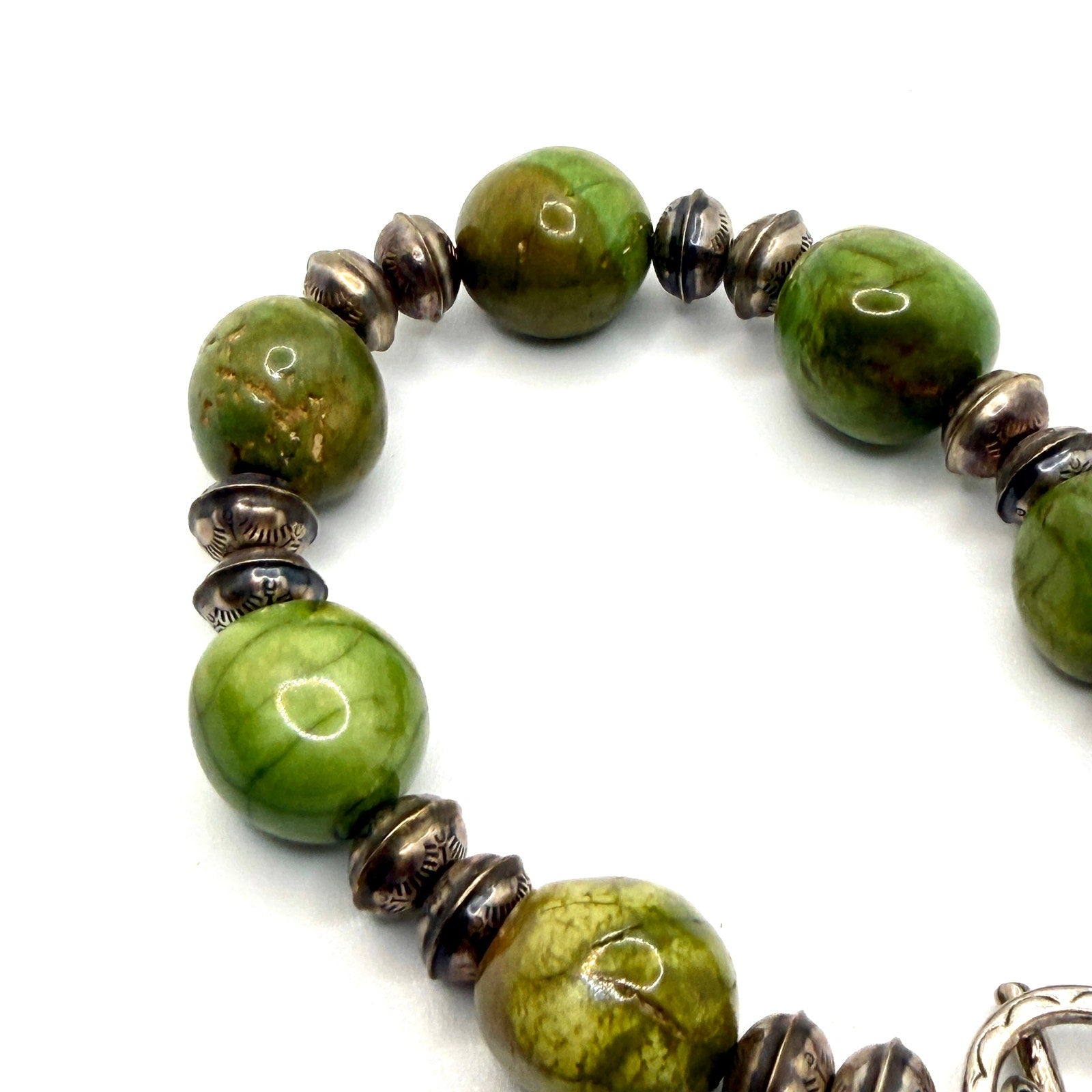 Vintage 90s Southwestern Green Gaspeite Stamped Silver Chunky Toggle Bracelet