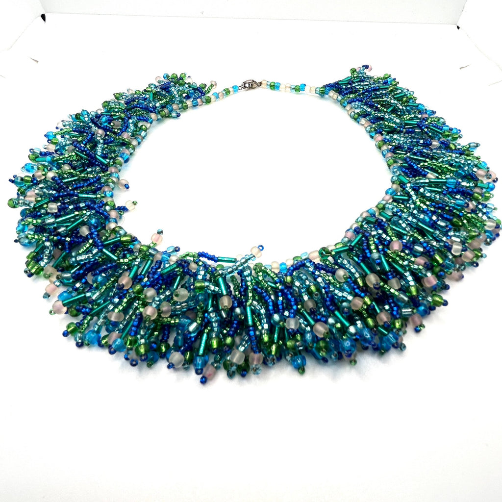 Vintage 1980s Handmade Blue Green Glass Seed Bead Fringe Choker Necklace