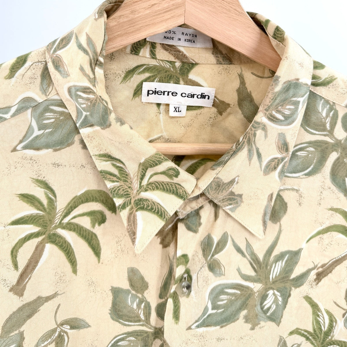 Vintage 90s Pierre Cardin Beige Green Tropical Palm Print Shirt