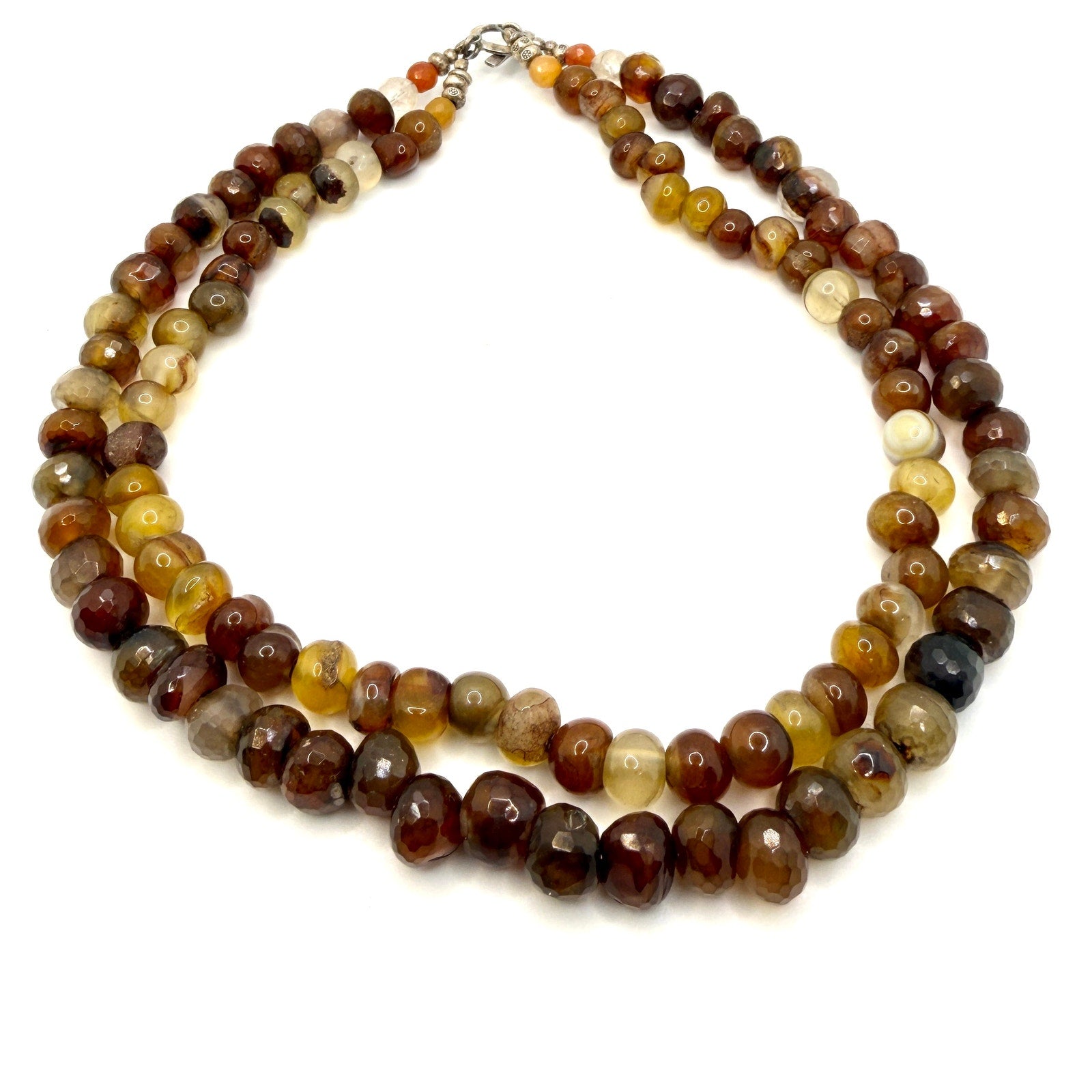 Vintage 90s Multi Earth Tone Agate Sterling Silver Stamped Two Strand Necklace