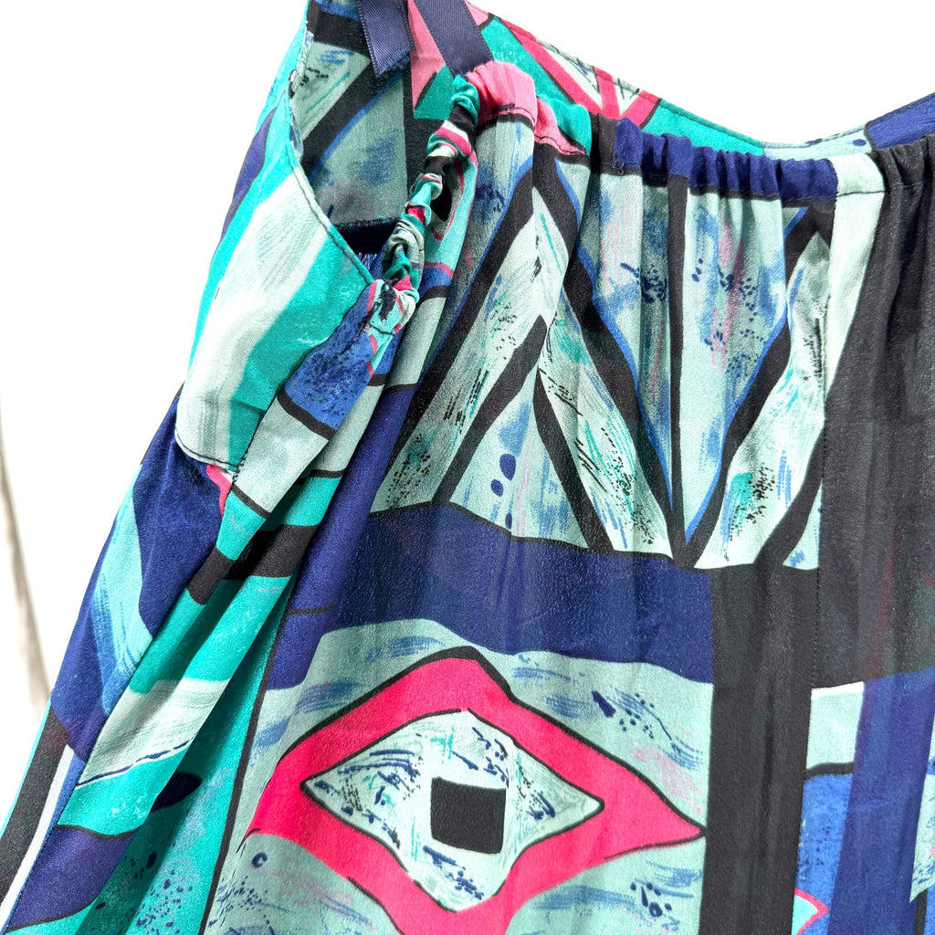 Vintage 90s Teal Pink Geometric Print Wide Leg Satin Jumpsuit