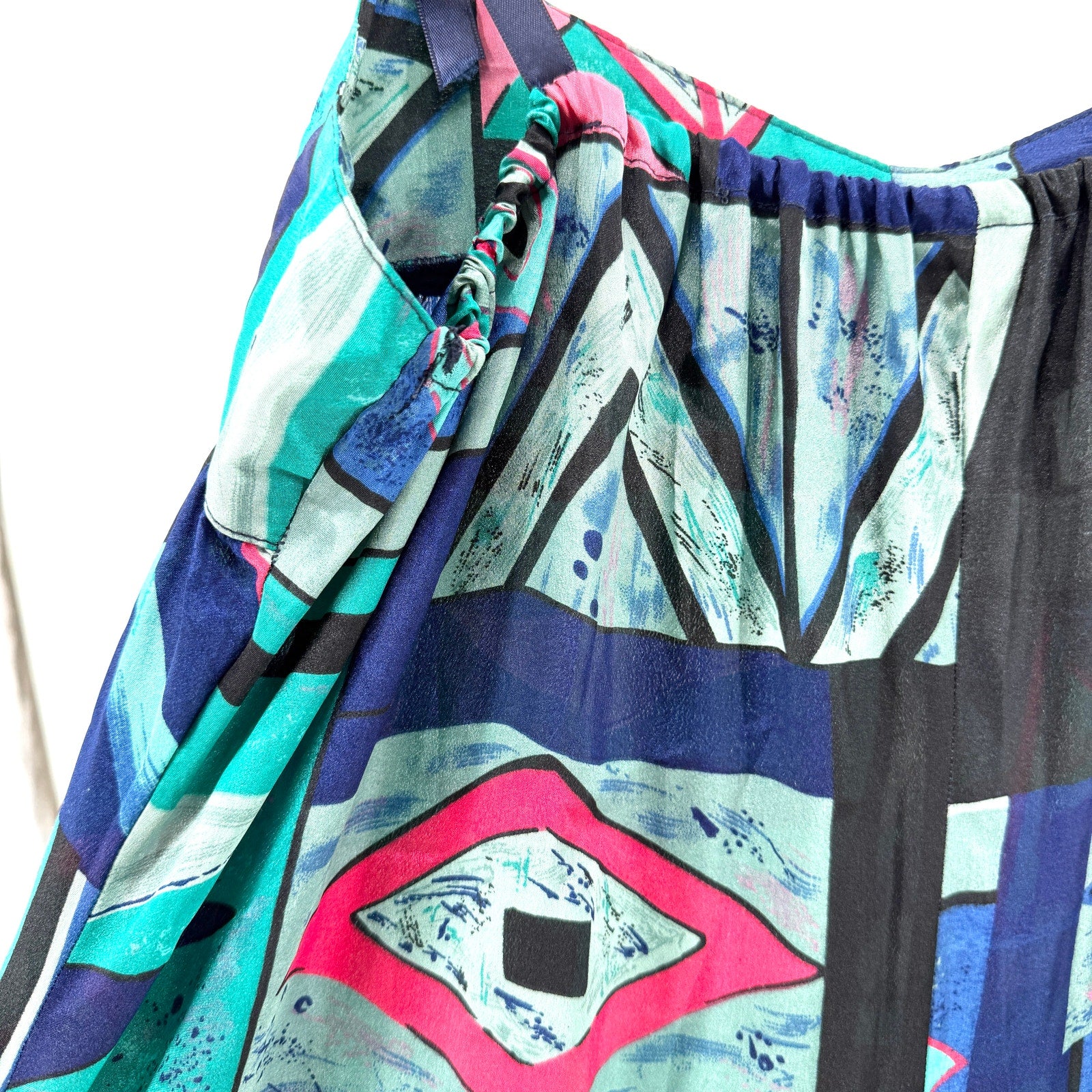 Vintage 90s Teal Pink Geometric Print Wide Leg Satin Jumpsuit