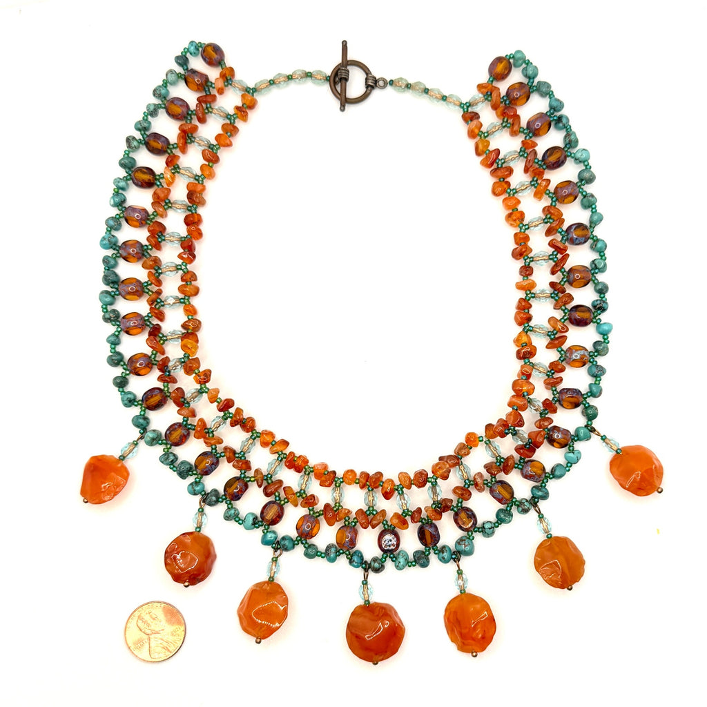 Vintage 90s Turquoise Carnelian Amber Boho Choker Fringe Statement Necklace