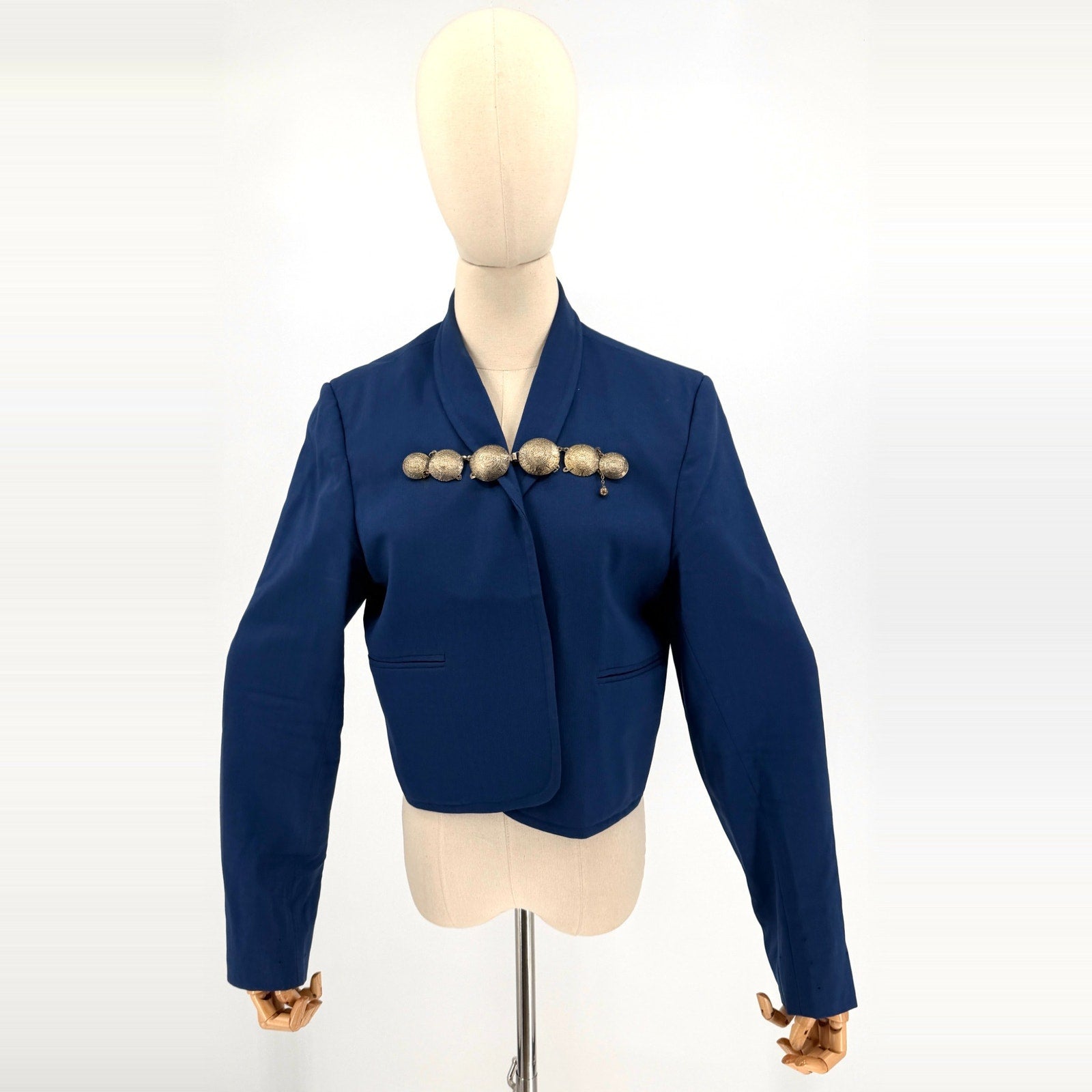 Vintage Blue Silver Aztec Embellishment Custom Cropped Blazer Jacket